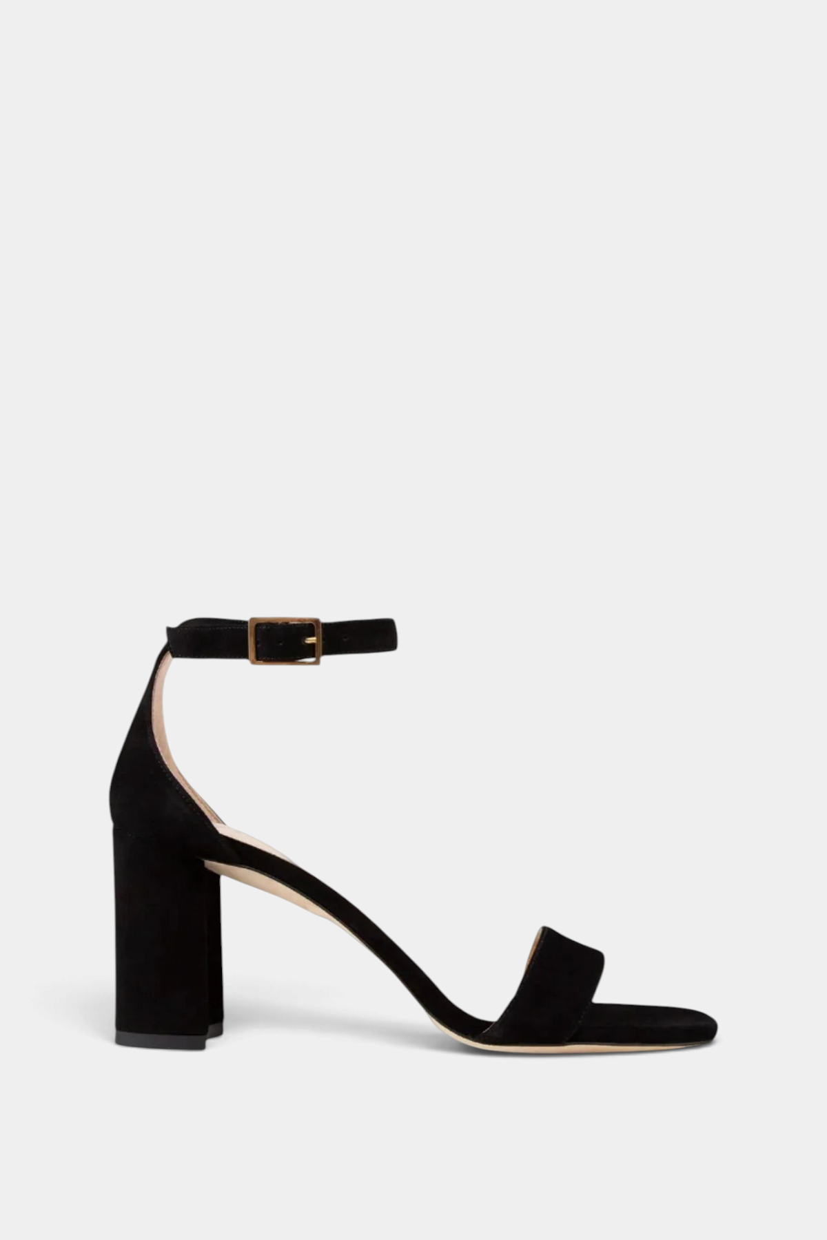 The Copper Shed black suede ankle-wrap block heel sandals with a 70mm covered heel and gold buckle closure.