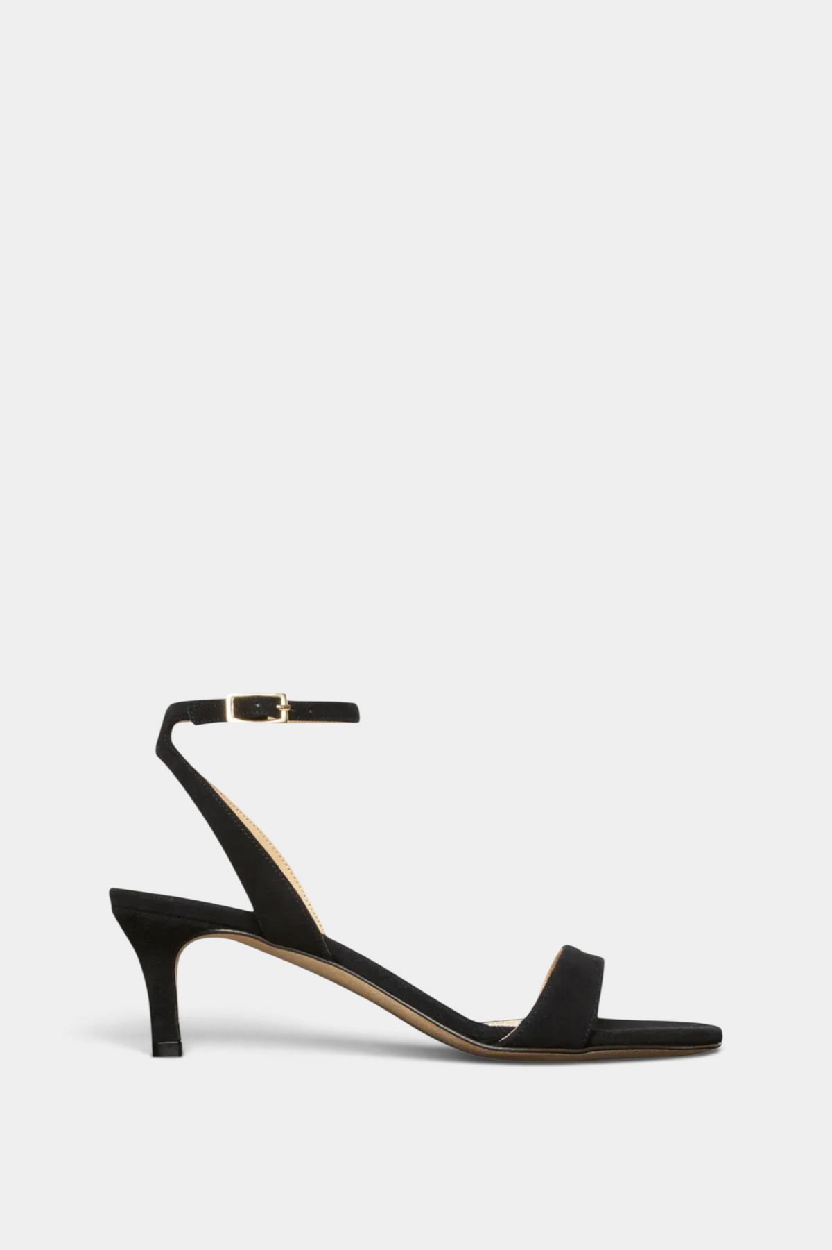 The Copper Shed black Italian calf suede kitten heel sandals with an ankle wrap strap and gold buckle closure.