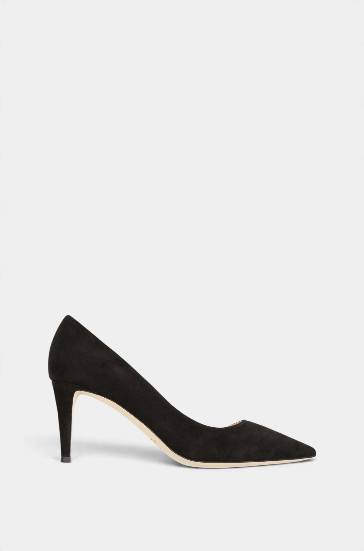 The Copper Shed black Italian kid suede pointed-toe pump with a 70mm covered heel and leather sole.