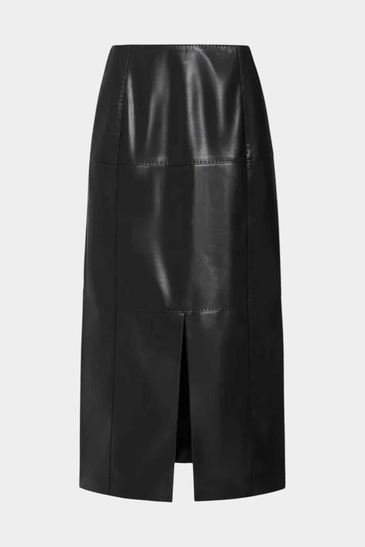 The Copper Shed Elliott midi pencil skirt in black vegan leather with pick stitching and a front slit detail.