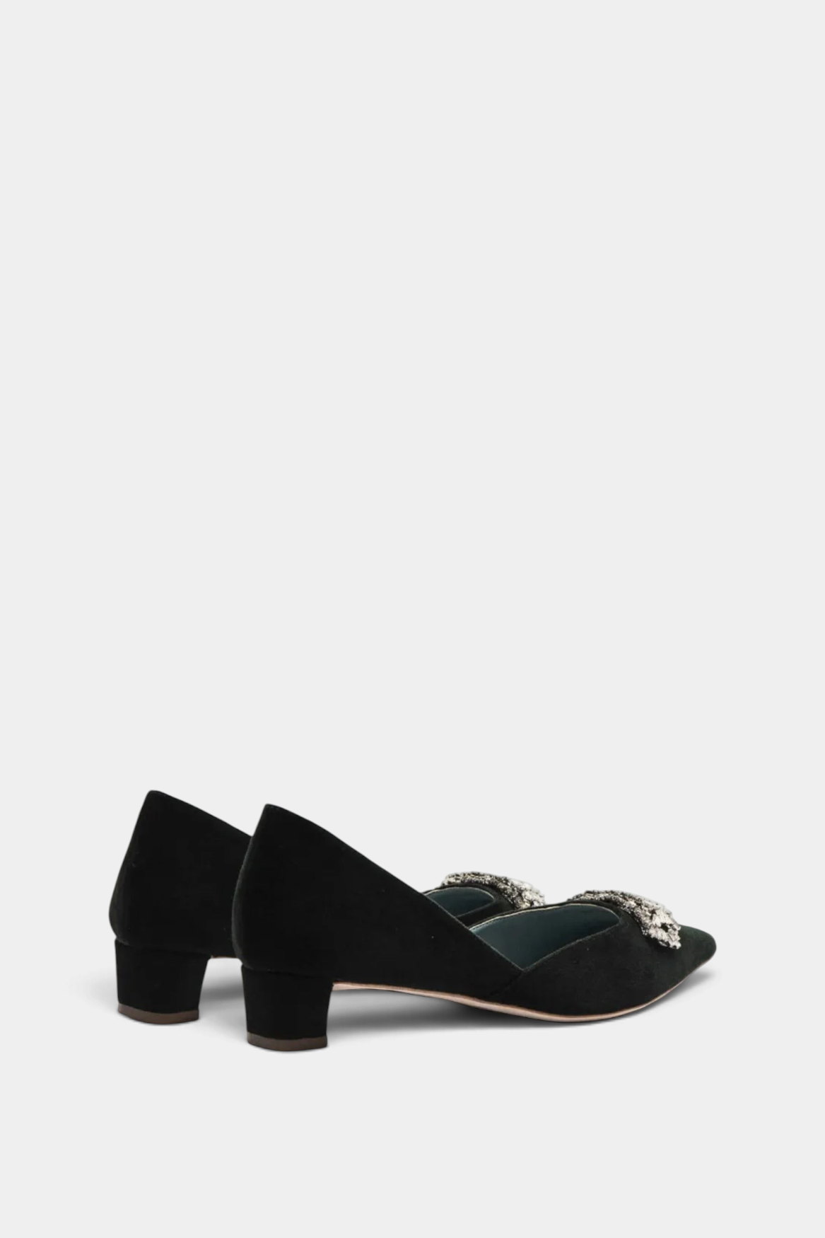 The Copper Shed Paula Mini Block Heel in black velvet with a gemstone-adorned pointed toe and side cutouts.