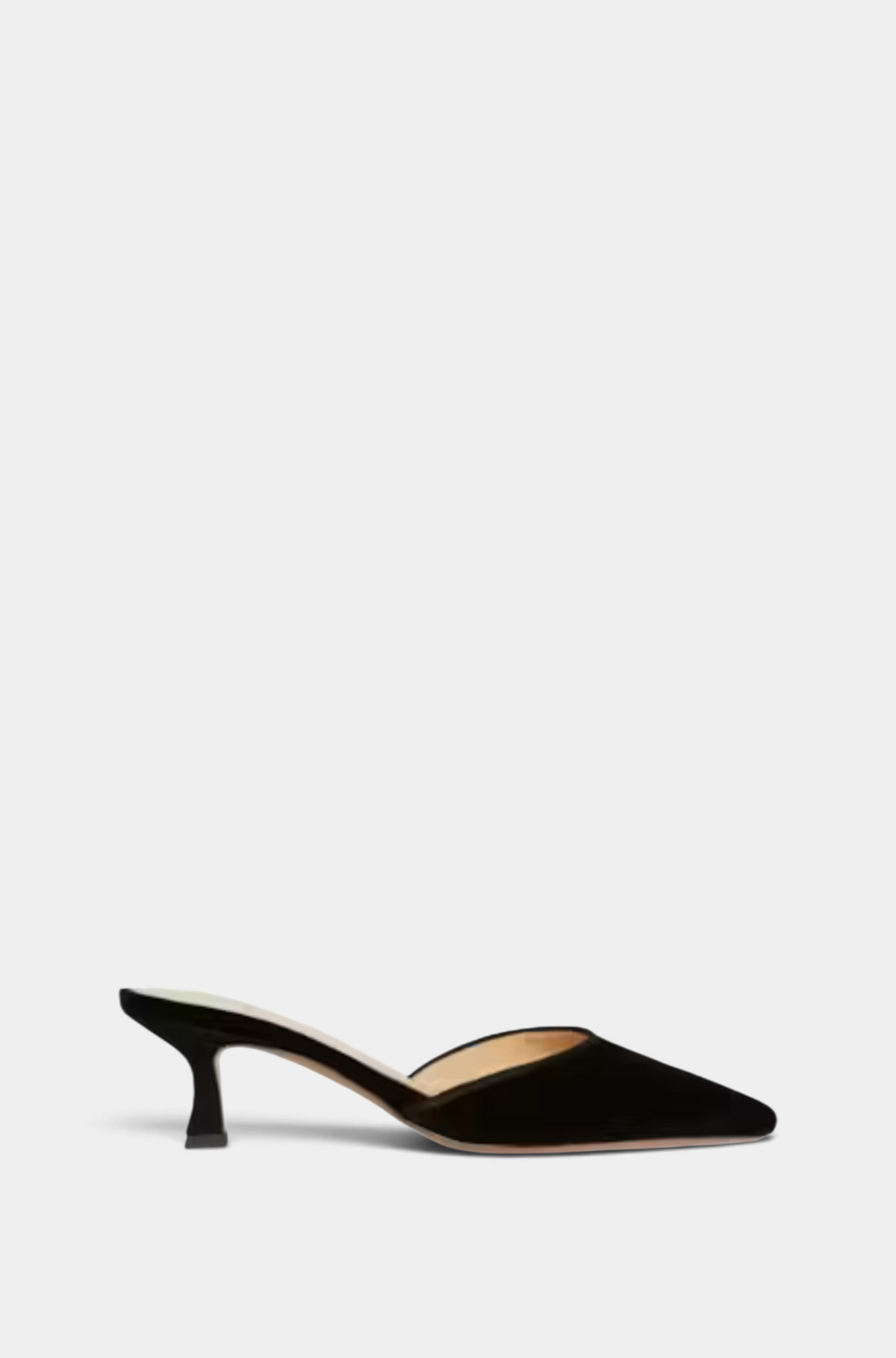 The Copper Shed black velvet heeled mule with a pointed toe and kitten heel