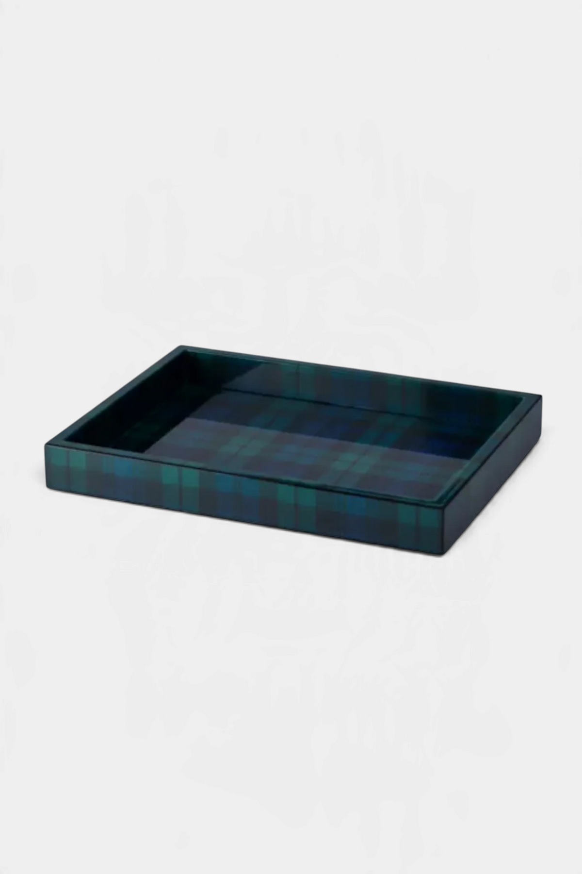 The Copper Shed Black Watch tartan lacquer tray with a high gloss finish and velvet base for home decor.
