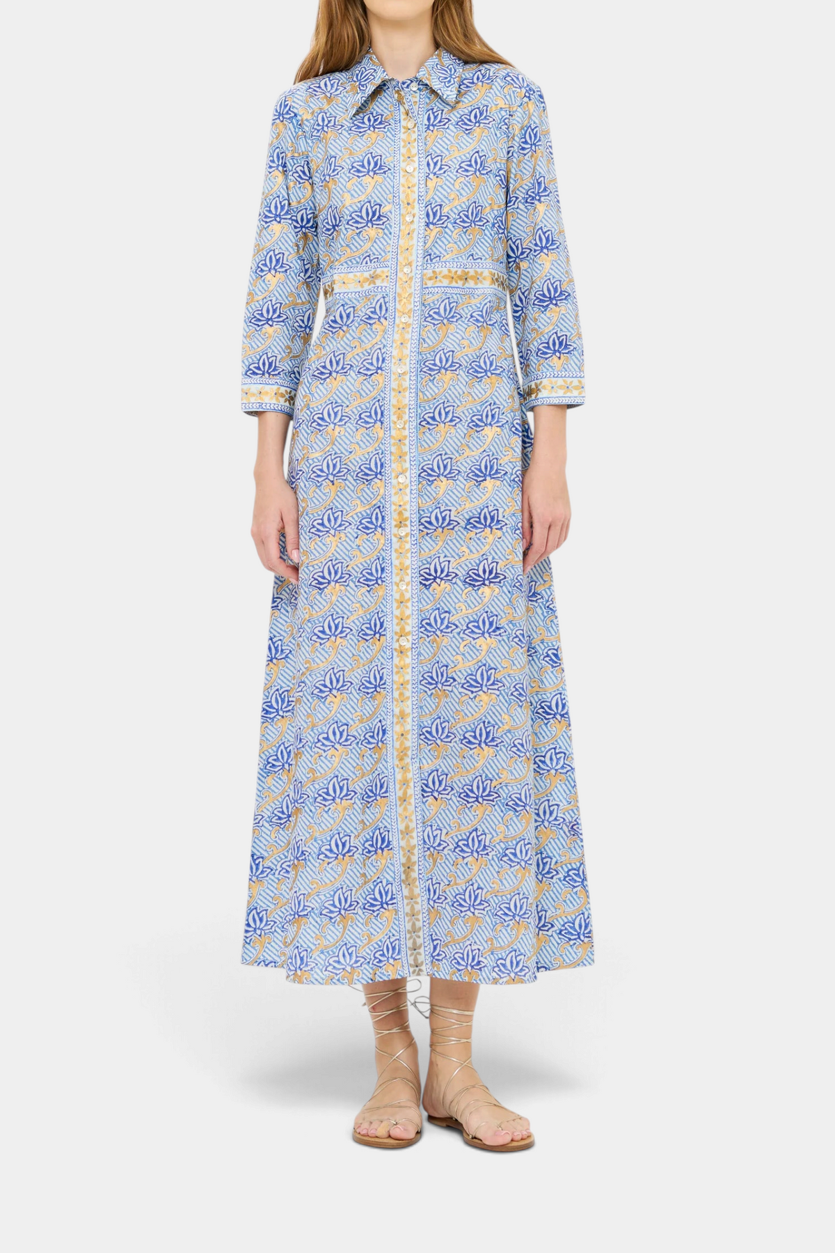 The Copper Shed maxi shirt dress in blue cotton voile with hand-block printed acanthus motifs and gold painted accents.