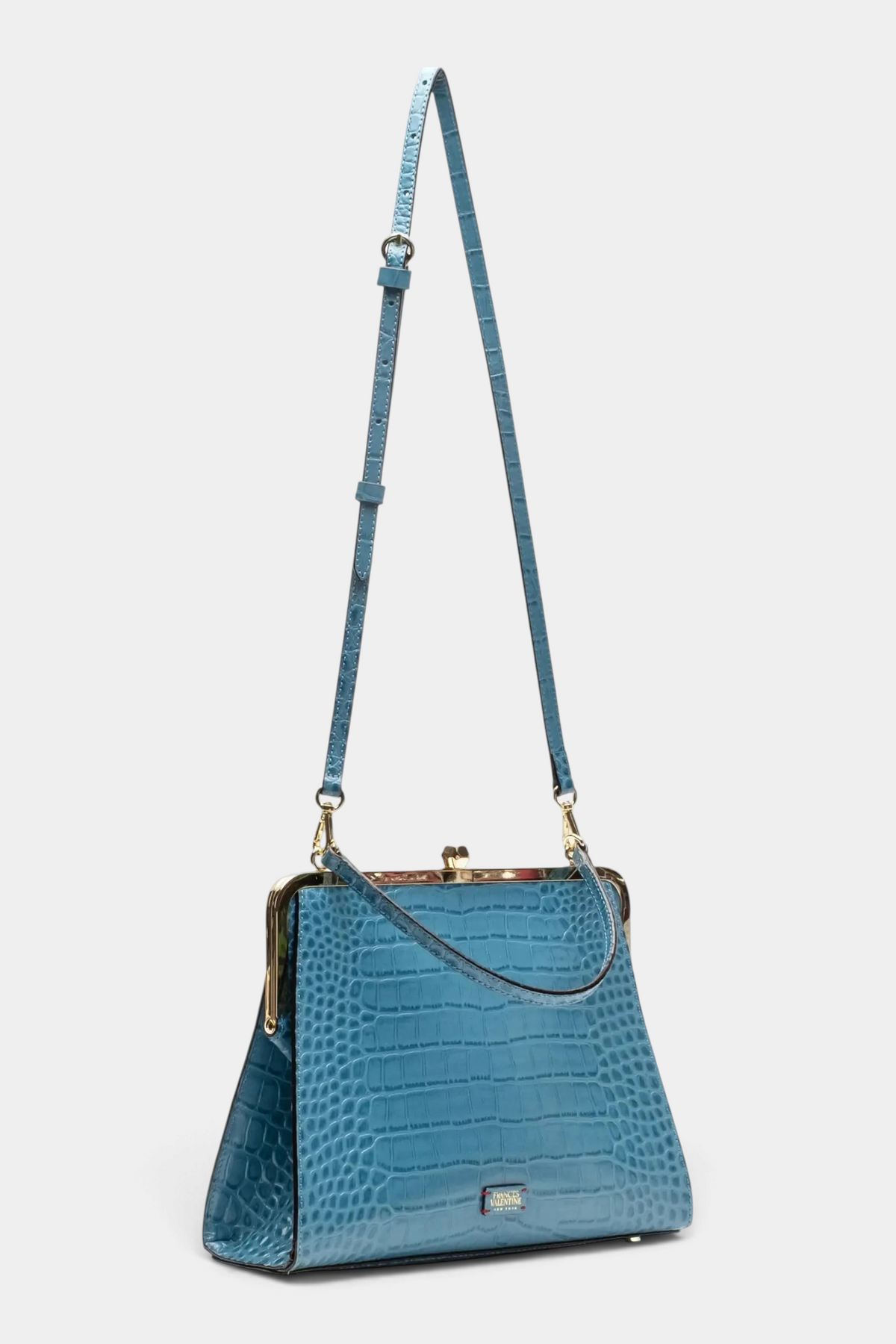 The Copper Shed blue croc-embossed leather Jackie frame bag with a vintage kiss-lock closure and adjustable strap.