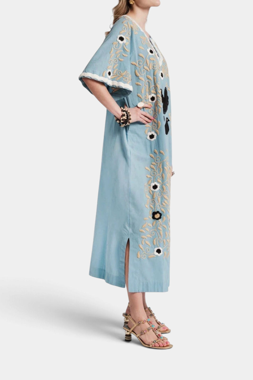 The Copper Shed light blue cotton maxi caftan with intricate floral embroidery, bell sleeves, and side slits
