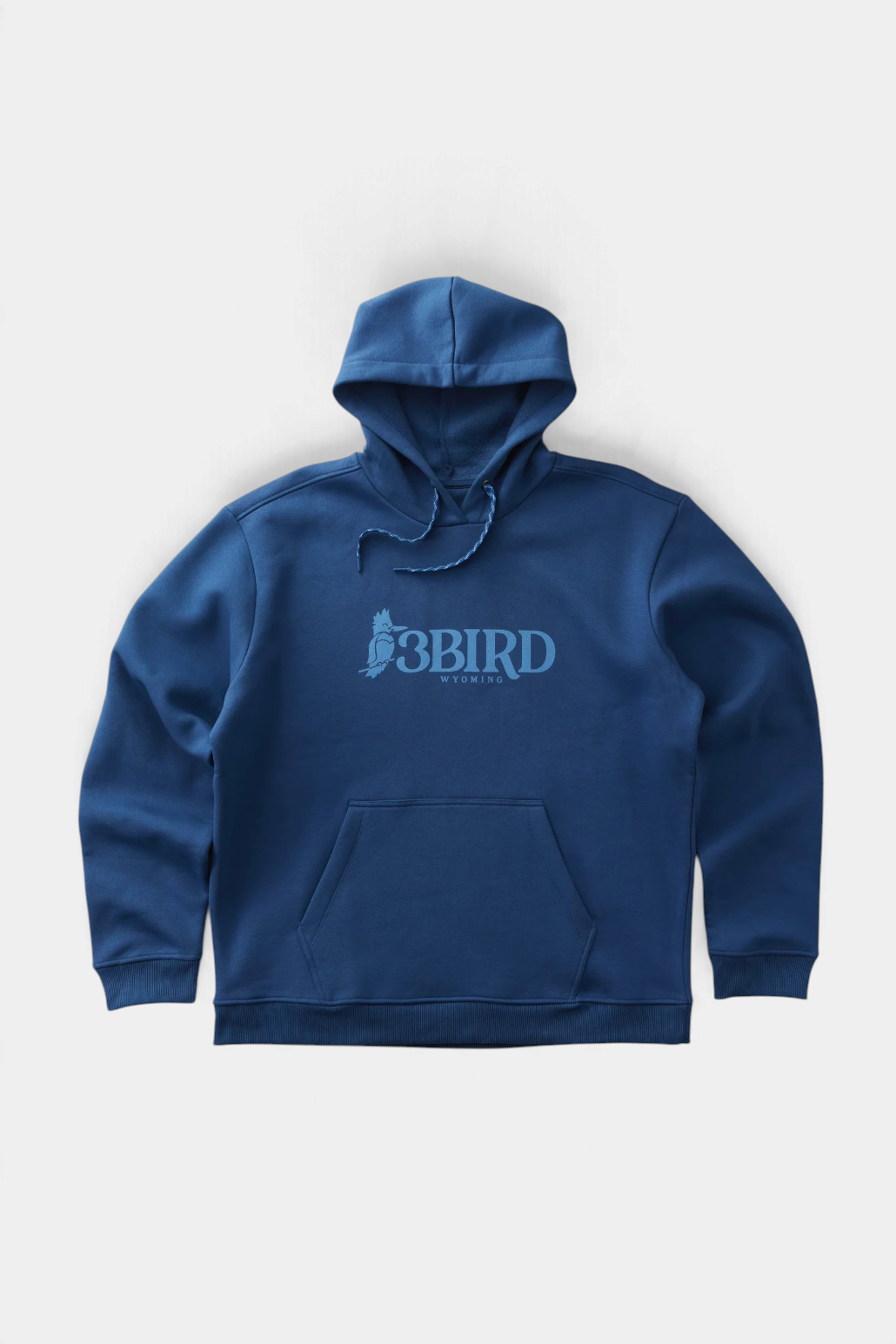 The Copper Shed 3B Heritage Hoodie in blue organic cotton blend with kangaroo pocket and 3BIRD Wyoming logo print