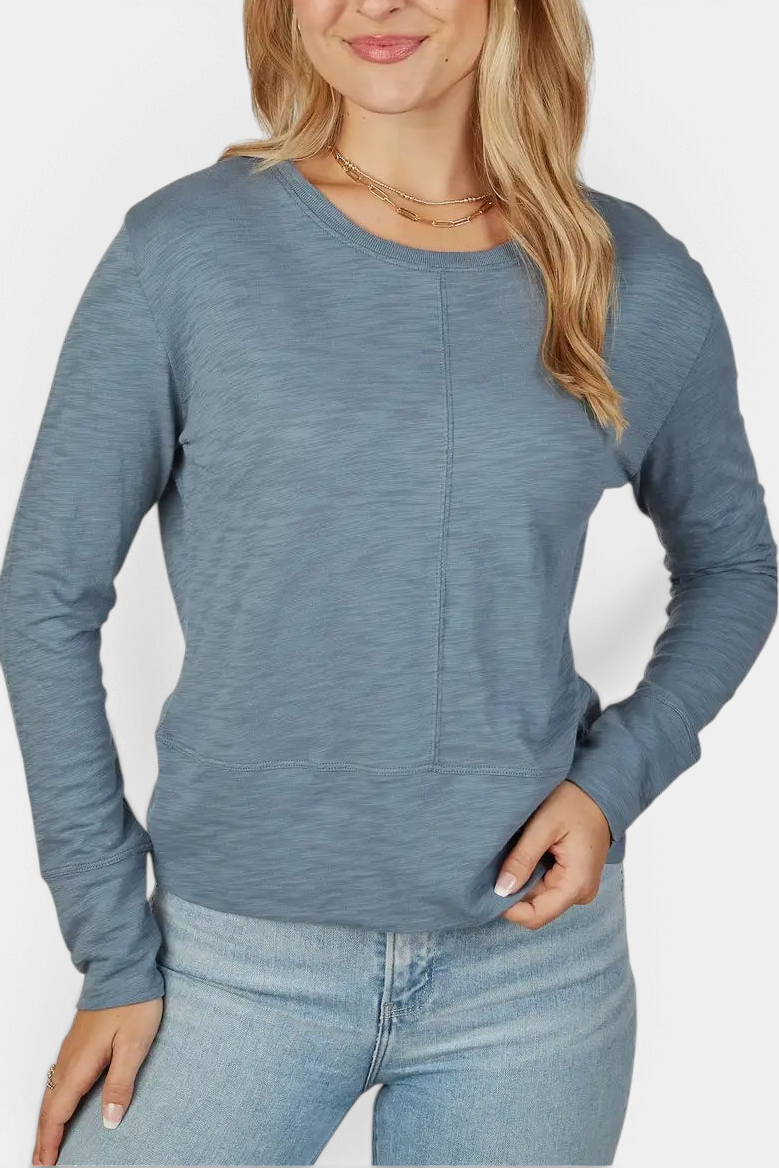 The Copper Shed Celia Perfect Length long sleeve tee in blue Pima cotton slub with double-layered cuffs.