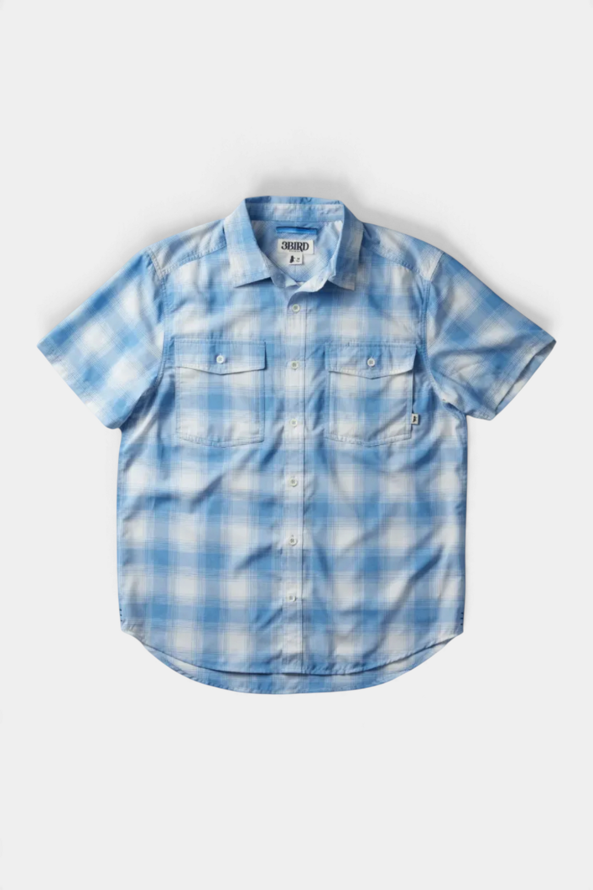 The Copper Shed Kingfisher short sleeve shirt in a light blue and white plaid pattern with dual chest pockets.