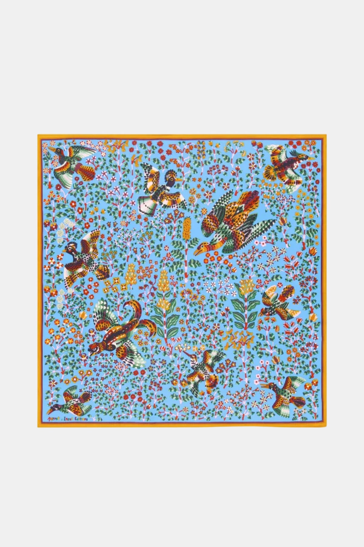 The Copper Shed blue silk square scarf featuring a vibrant Perrot bird and floral pattern with a yellow border.