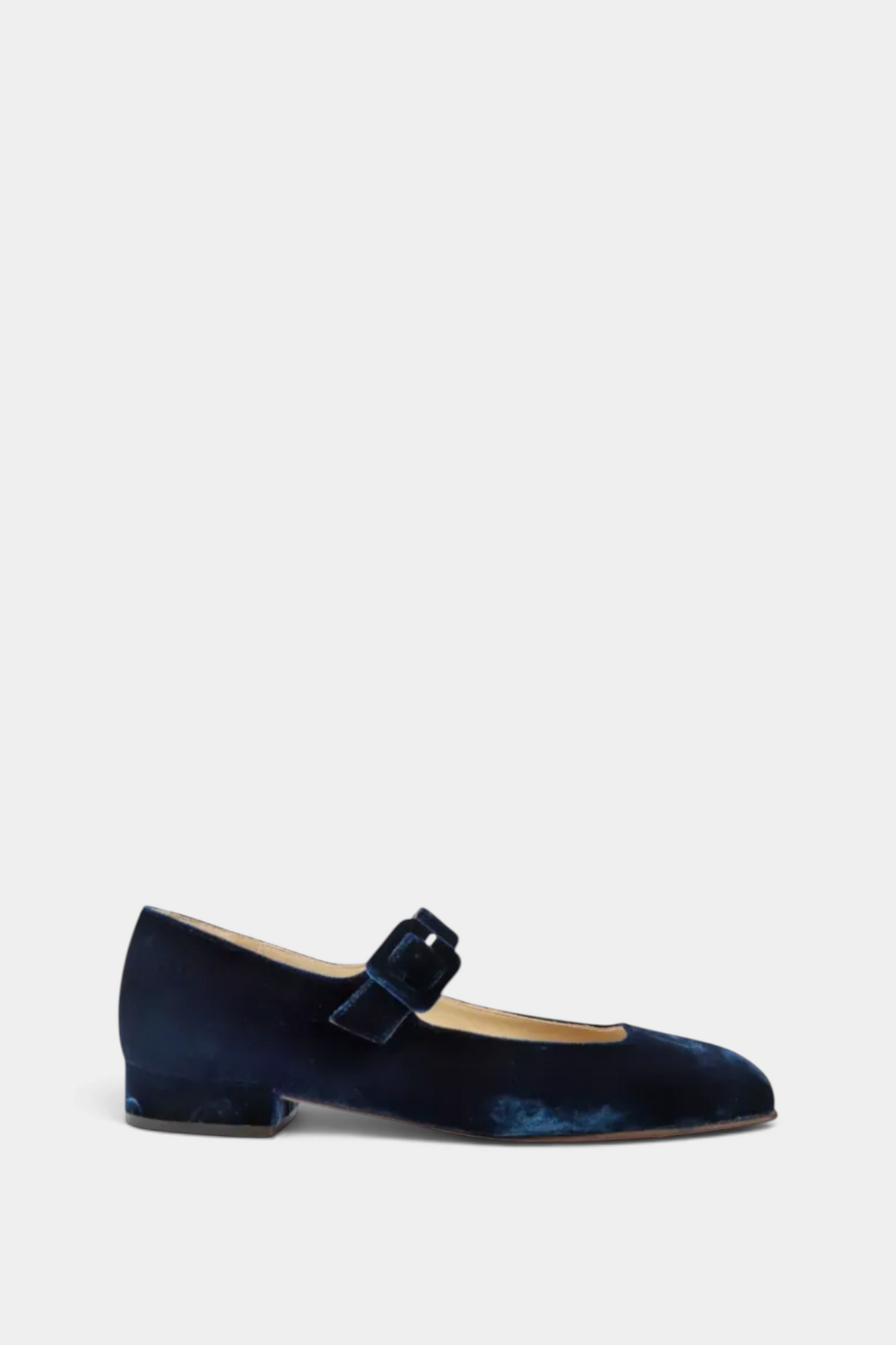 The Copper Shed low-heeled Mary Jane shoes in deep navy blue velvet with a slim strap and leather sole.