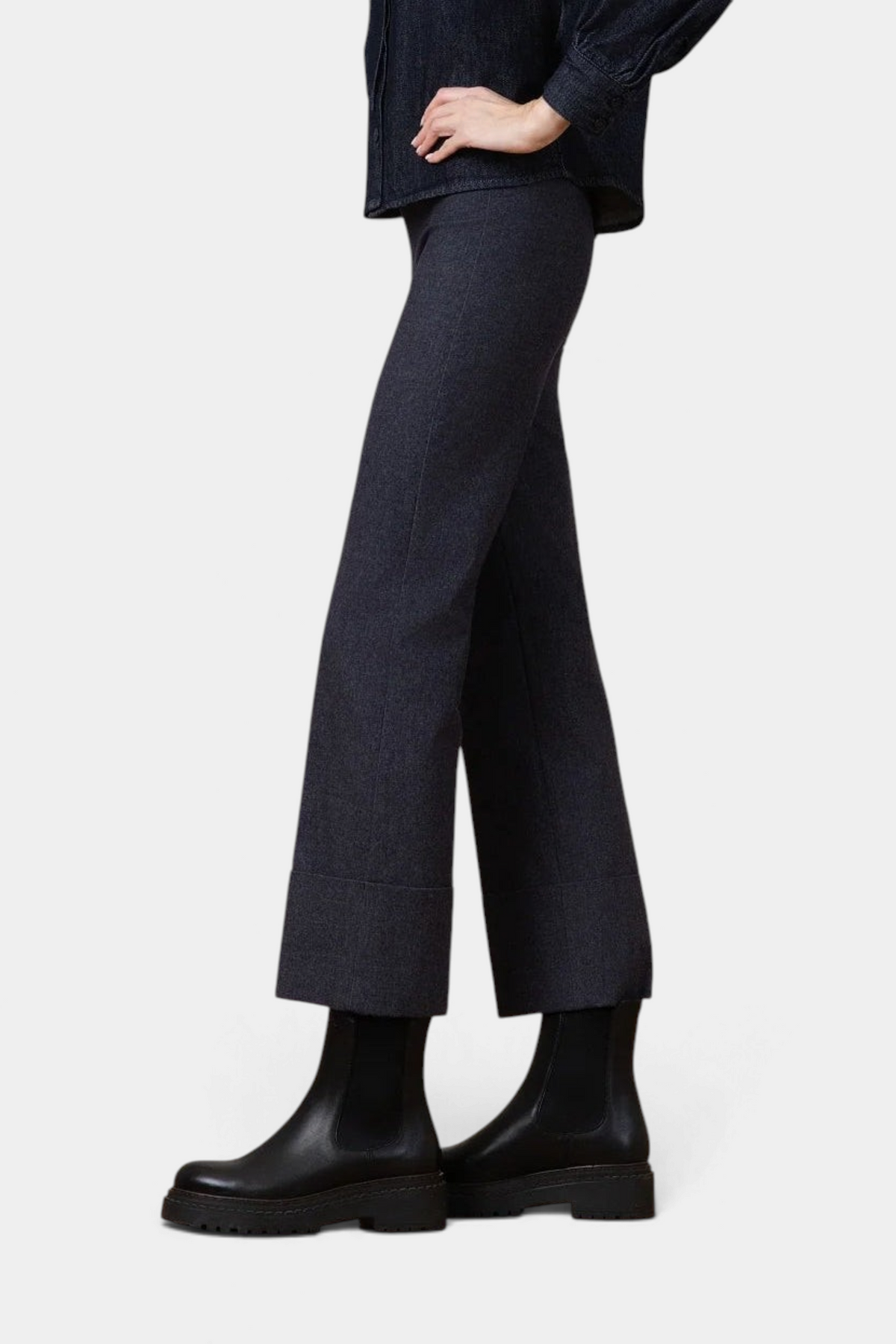 The Copper Shed Bonnie flannel straight-leg pants in charcoal grey with a wide 5-inch cuff, side view.