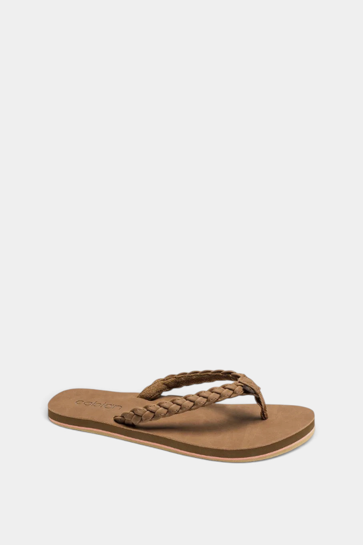 The Copper Shed Braided Pacifica flip flop in brown with a synthetic leather braided strap and arch support.