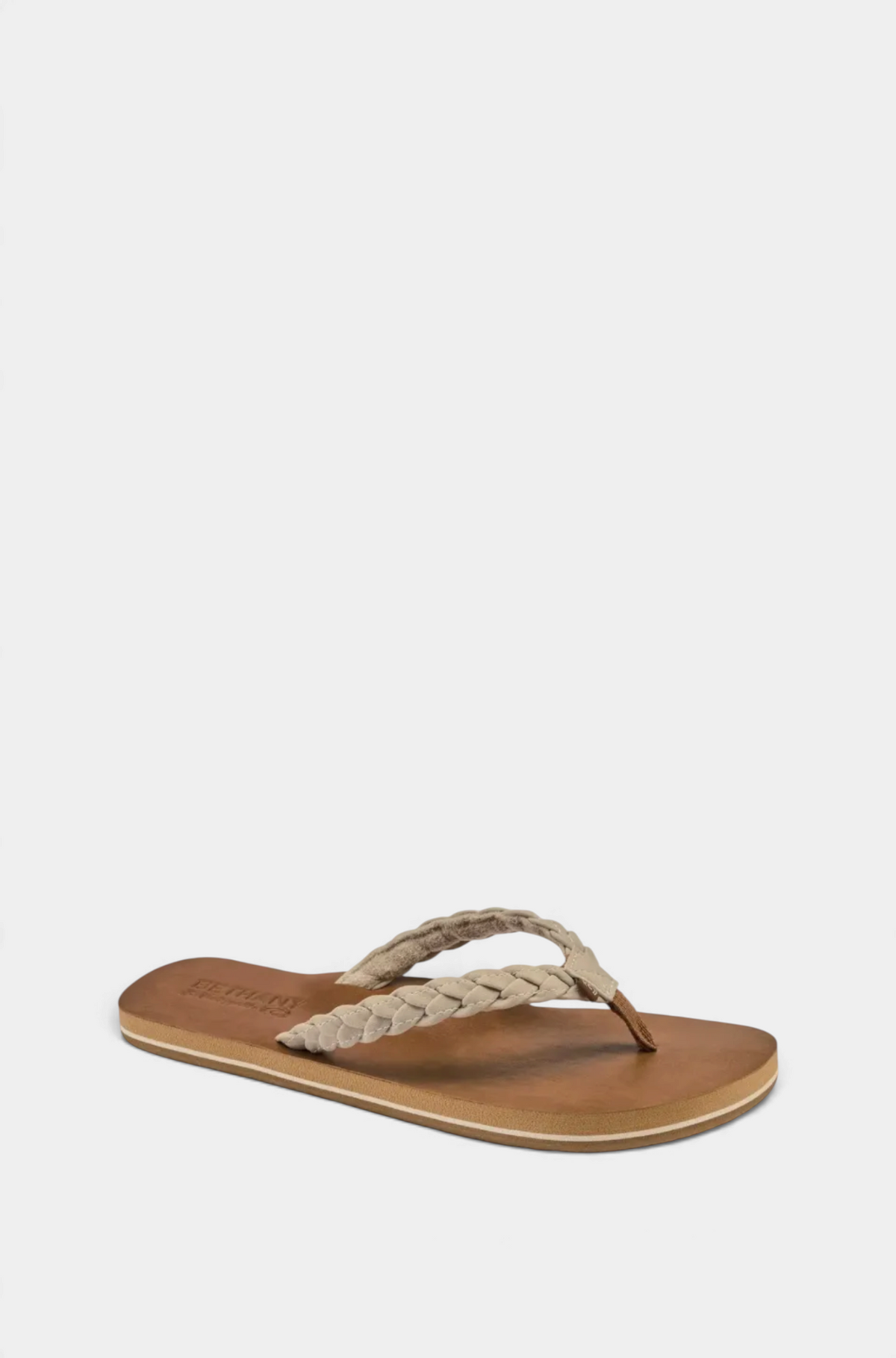 The Copper Shed Braided Pacifica flip flop in tan with a synthetic leather braided strap and arch support footbed.