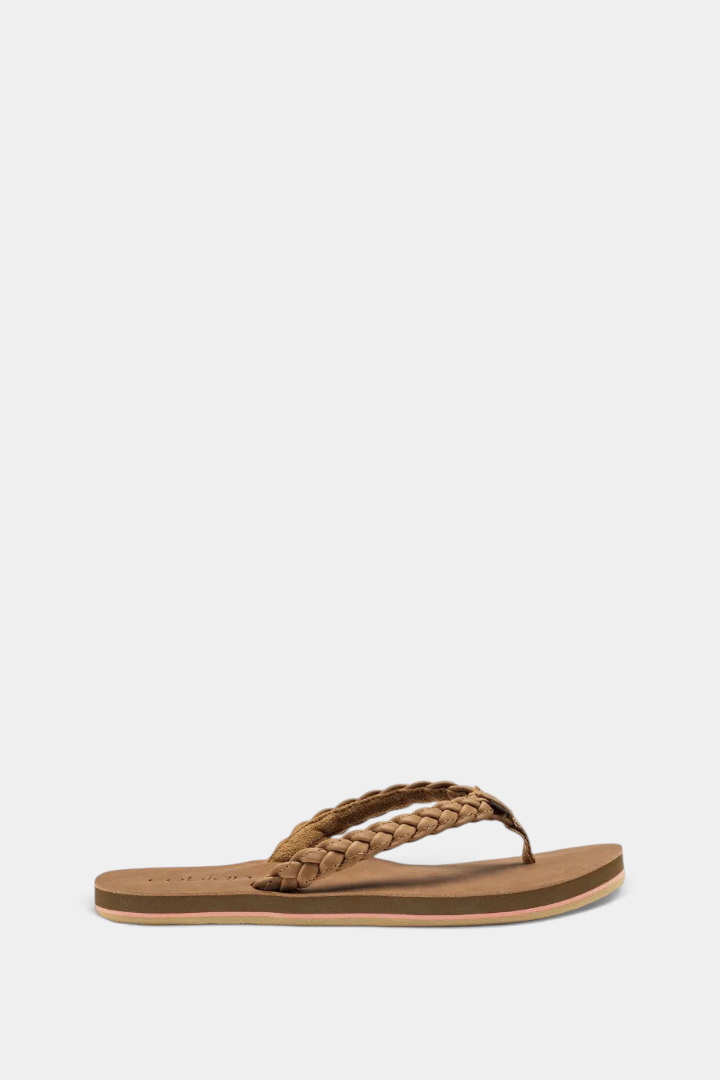 The Copper Shed Braided Pacifica flip flop in tan synthetic leather with a braided strap and arch support.