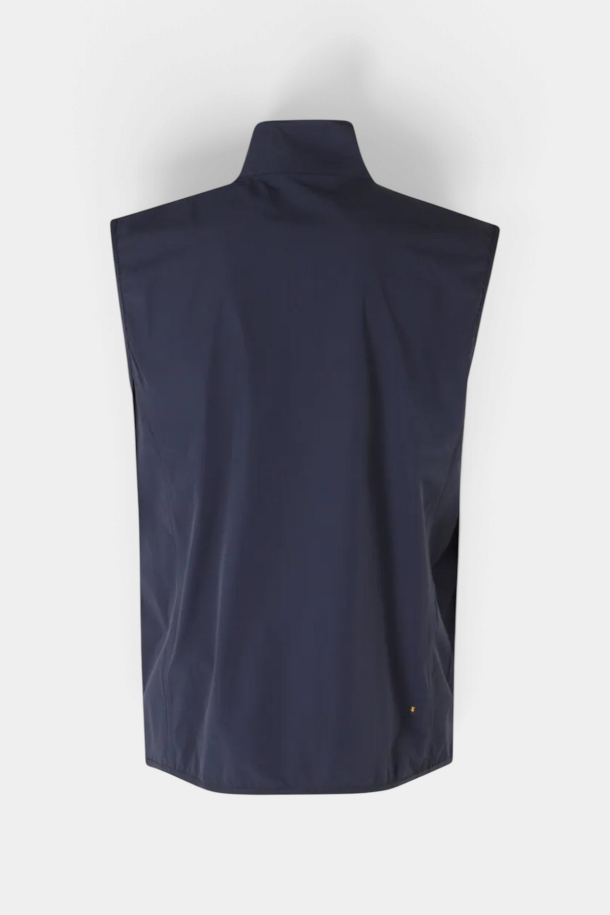 The Copper Shed Broderick mens navy blue nylon vest, back view showing high collar and sleeveless design.