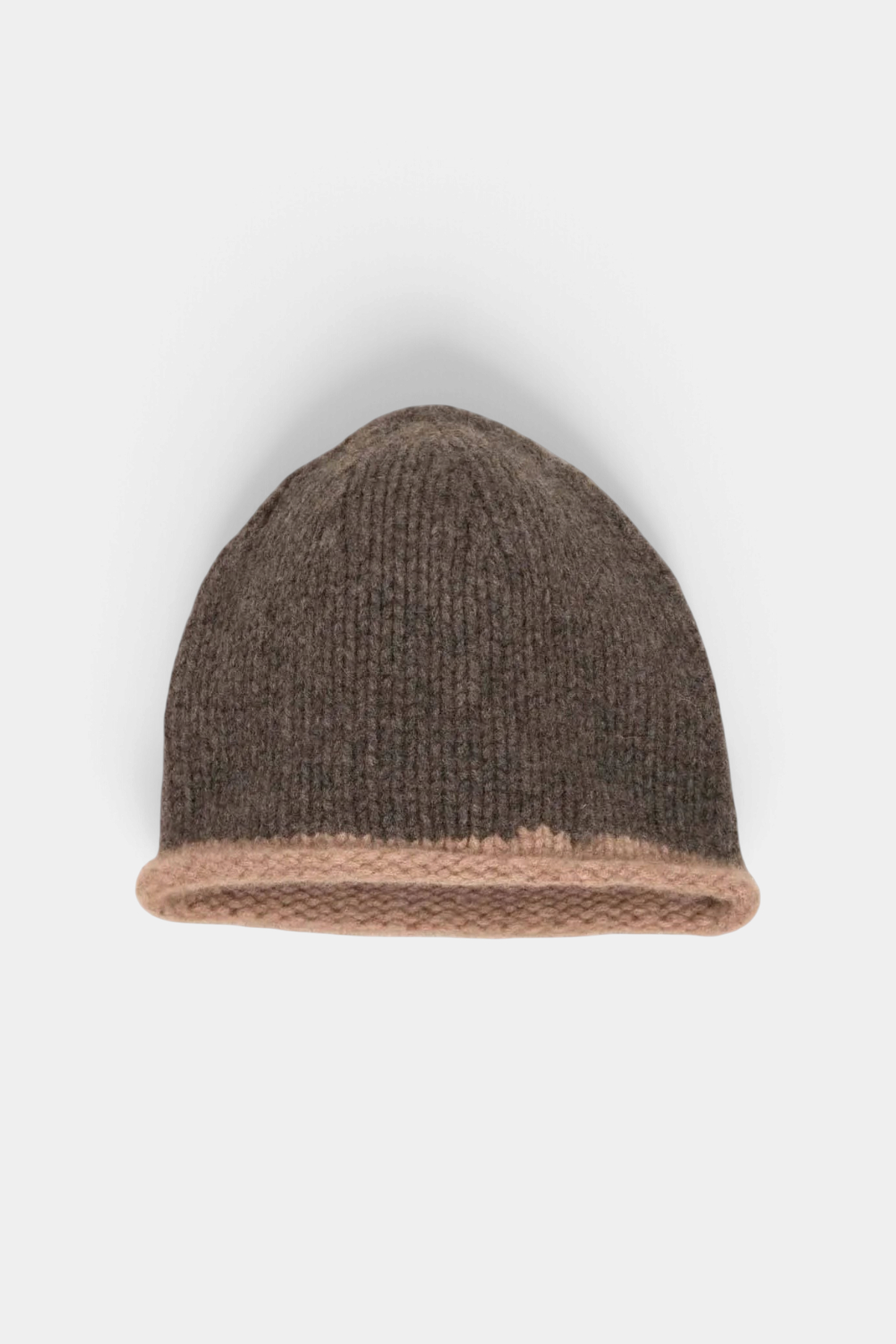 The Copper Shed brown organic cashmere beanie with a contrasting beige rolled edge and chunky hand-knitted texture.