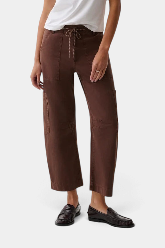 The Copper Shed Sabrina curved utility pants in brown cotton twill with a drawstring waist and side pockets