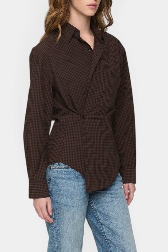 The Copper Shed Mila long sleeve button-down wrap top in brown gingham cotton worn with blue jeans