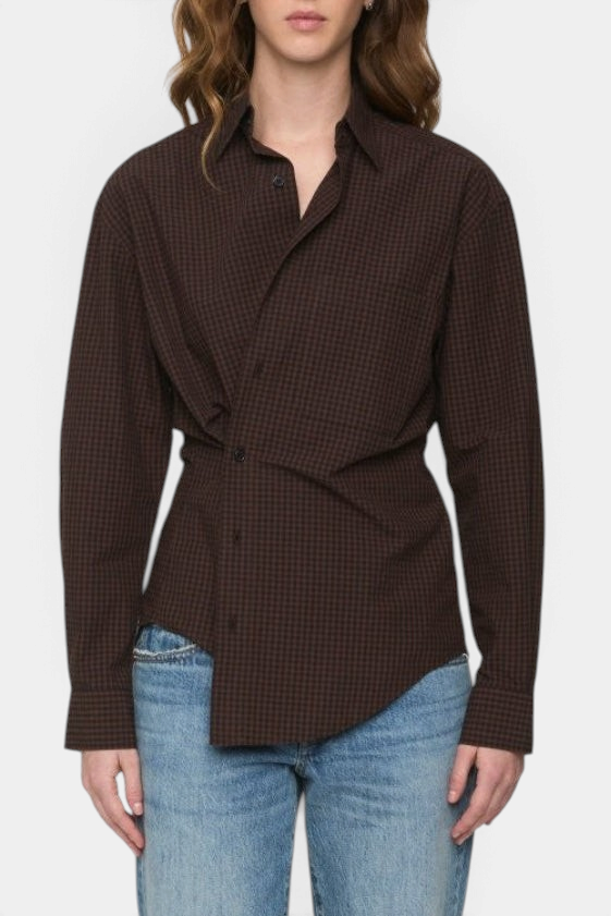 The Copper Shed Mila long sleeve brown gingham button-down wrap top in 100% cotton with a flattering side-fastening.