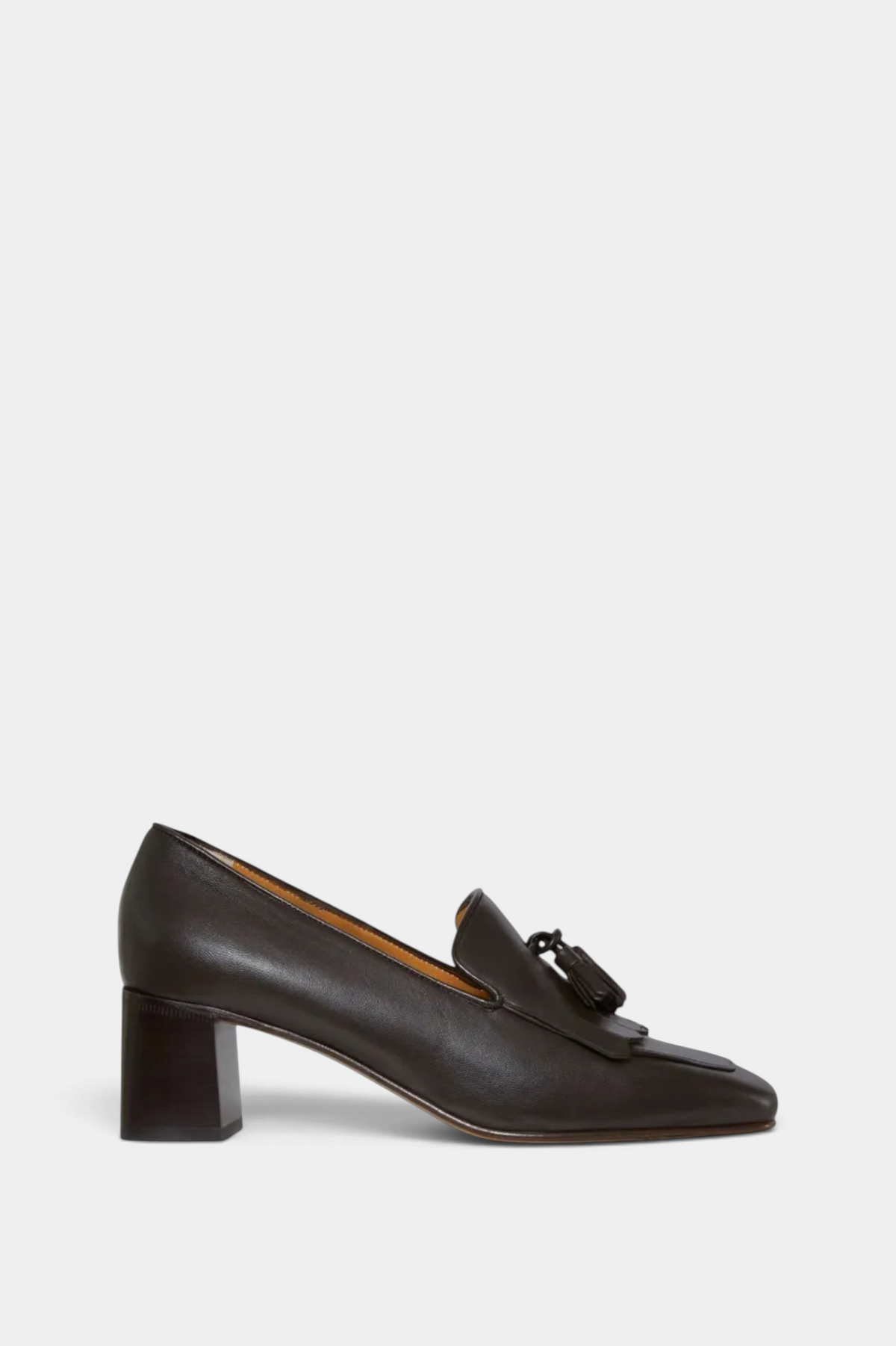 The Copper Shed dark brown nappa leather kilt heel loafer with tassel detail and a block heel.