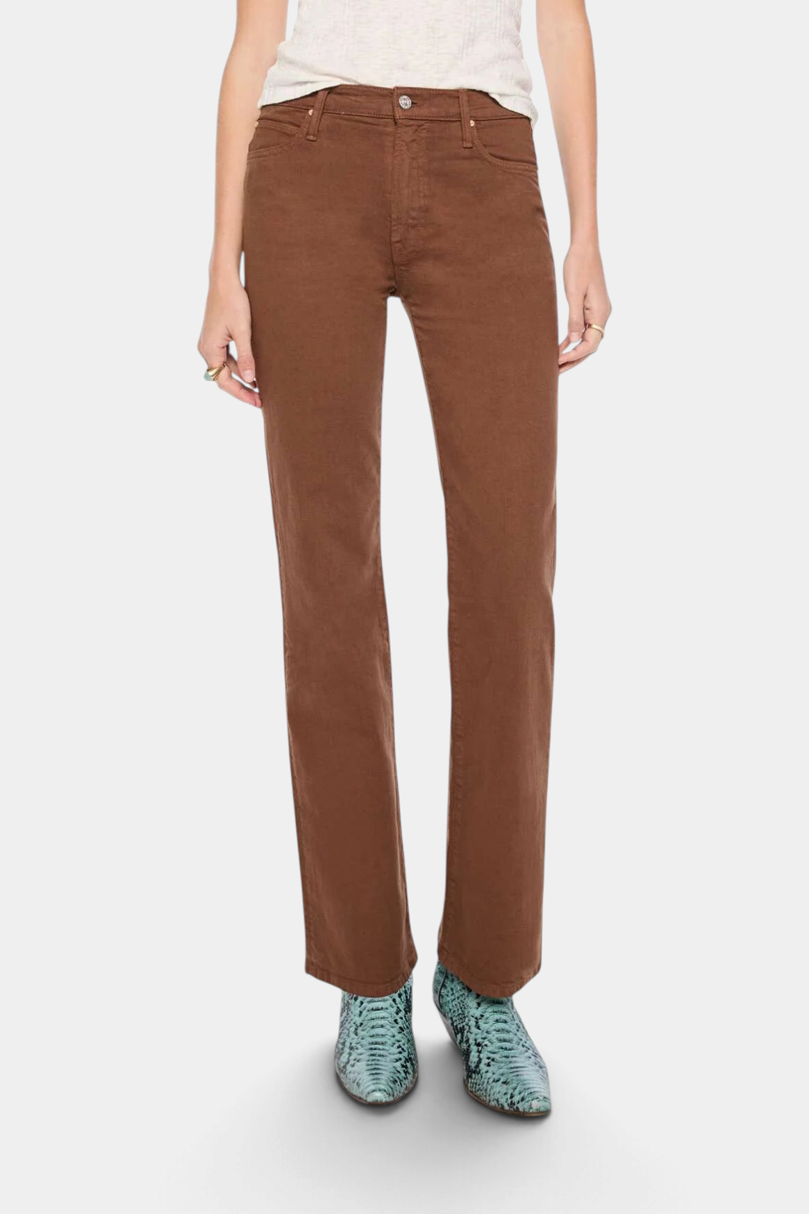 The Copper Shed The Kick It high-rise straight-leg pants in rich brown cotton with a clean hem and zip fly.