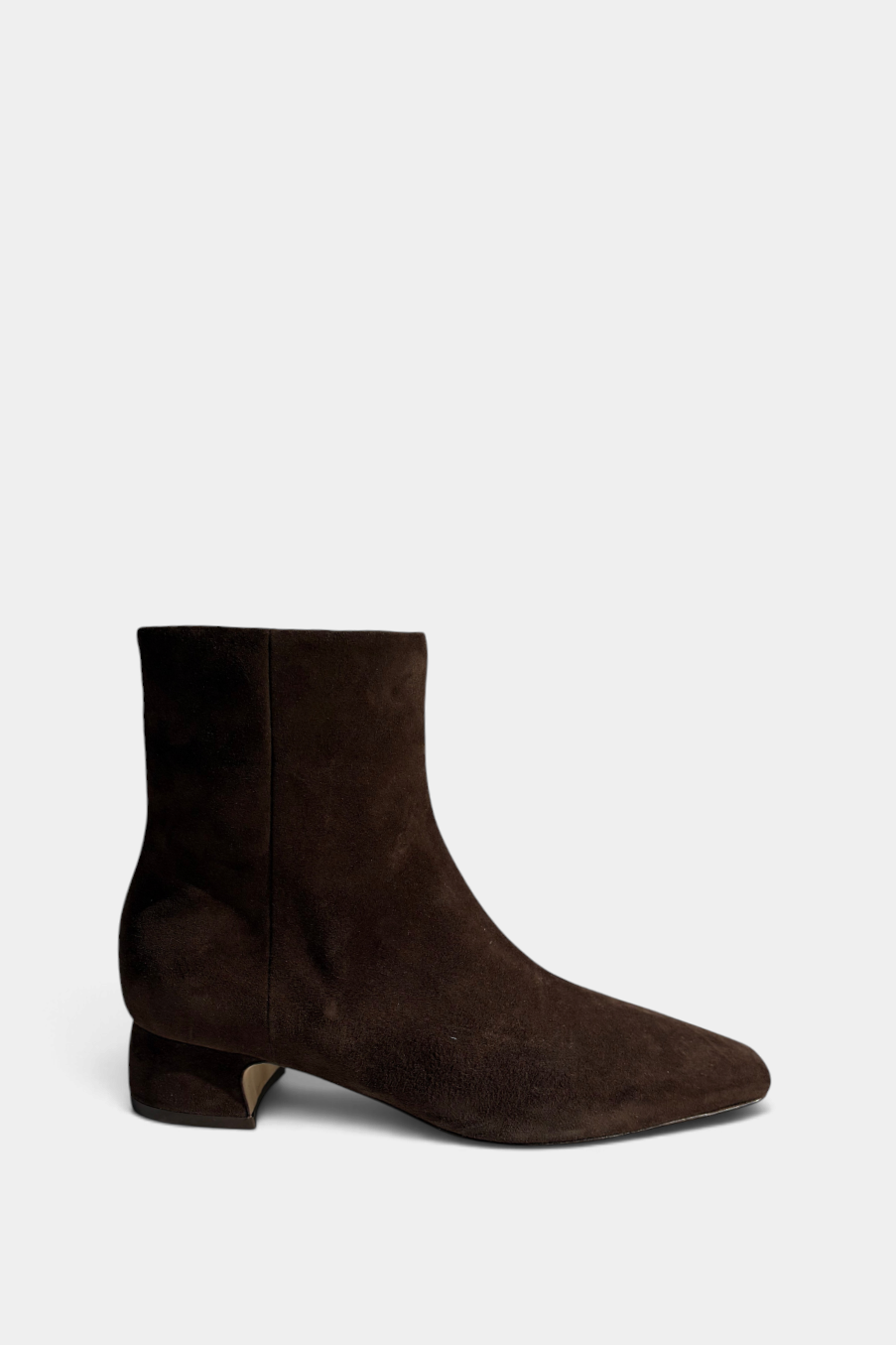The Copper Shed dark brown Italian lamb suede ankle boot with a side zip and a comfortable covered block heel.