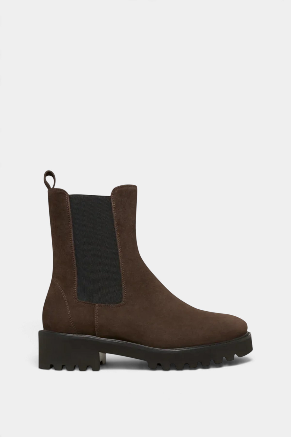 The Copper Shed brown suede Chelsea boot with a lightweight black lug sole and elastic side panels.