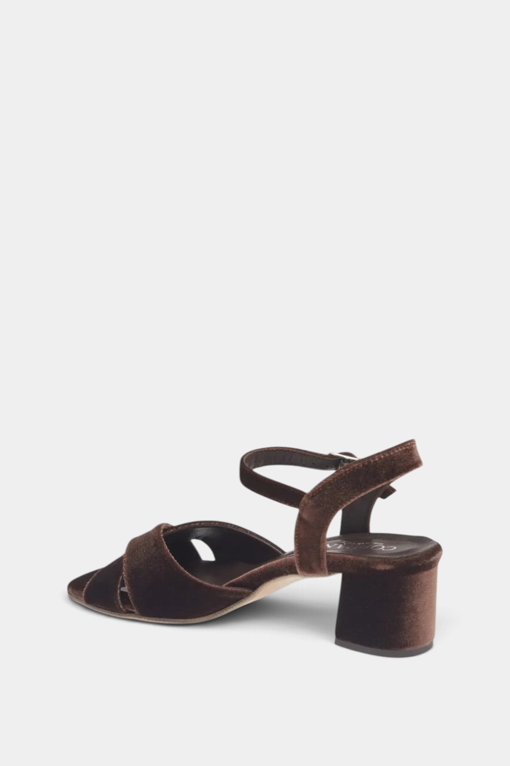 The Copper Shed Ilaria brown velvet heeled sandal with criss-cross straps and a comfortable block heel.