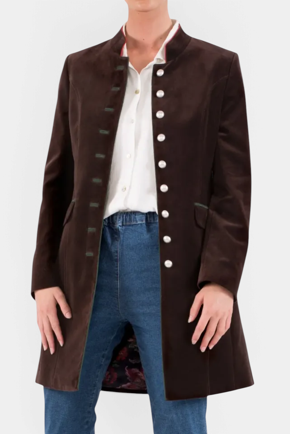 The Copper Shed Selina brown velvet Tracht jacket with green trim, silver buttons, and floral lining.