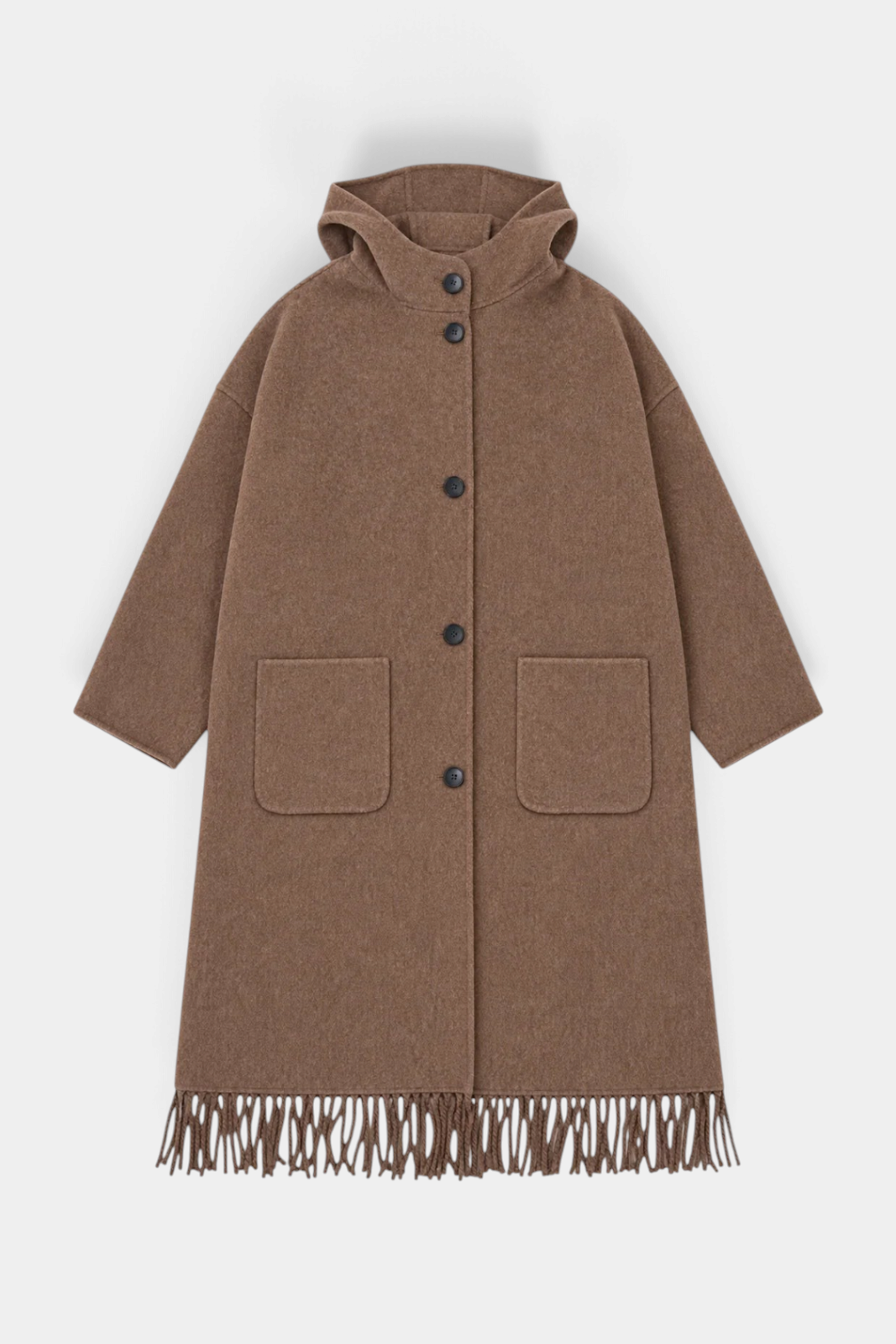 The Copper Shed nut brown wool hooded coat with front buttons, patch pockets, and a fringed hemline.