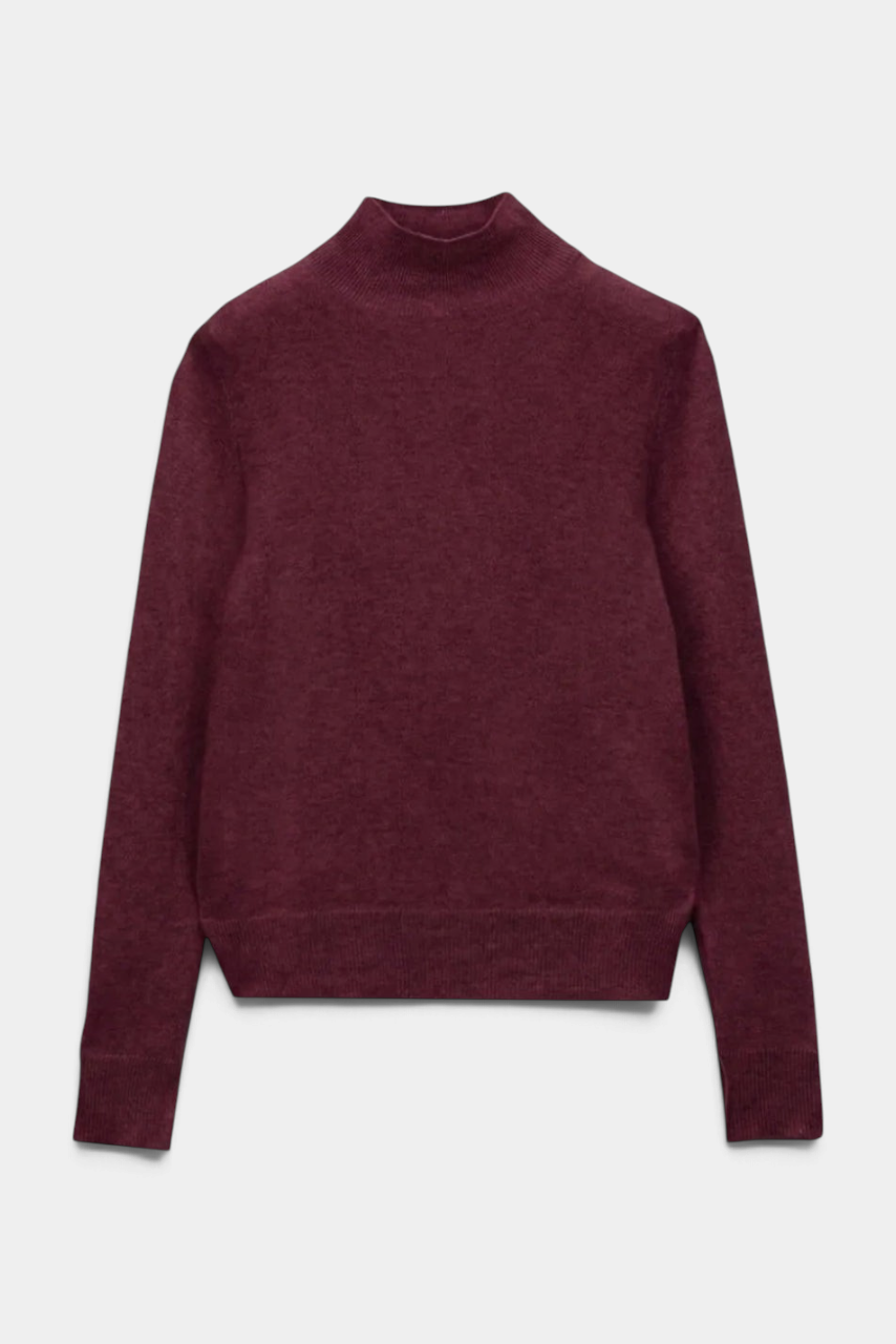 The Copper Shed burgundy high neck sweater in soft 100% Mongolian cashmere with long sleeves and a relaxed fit.