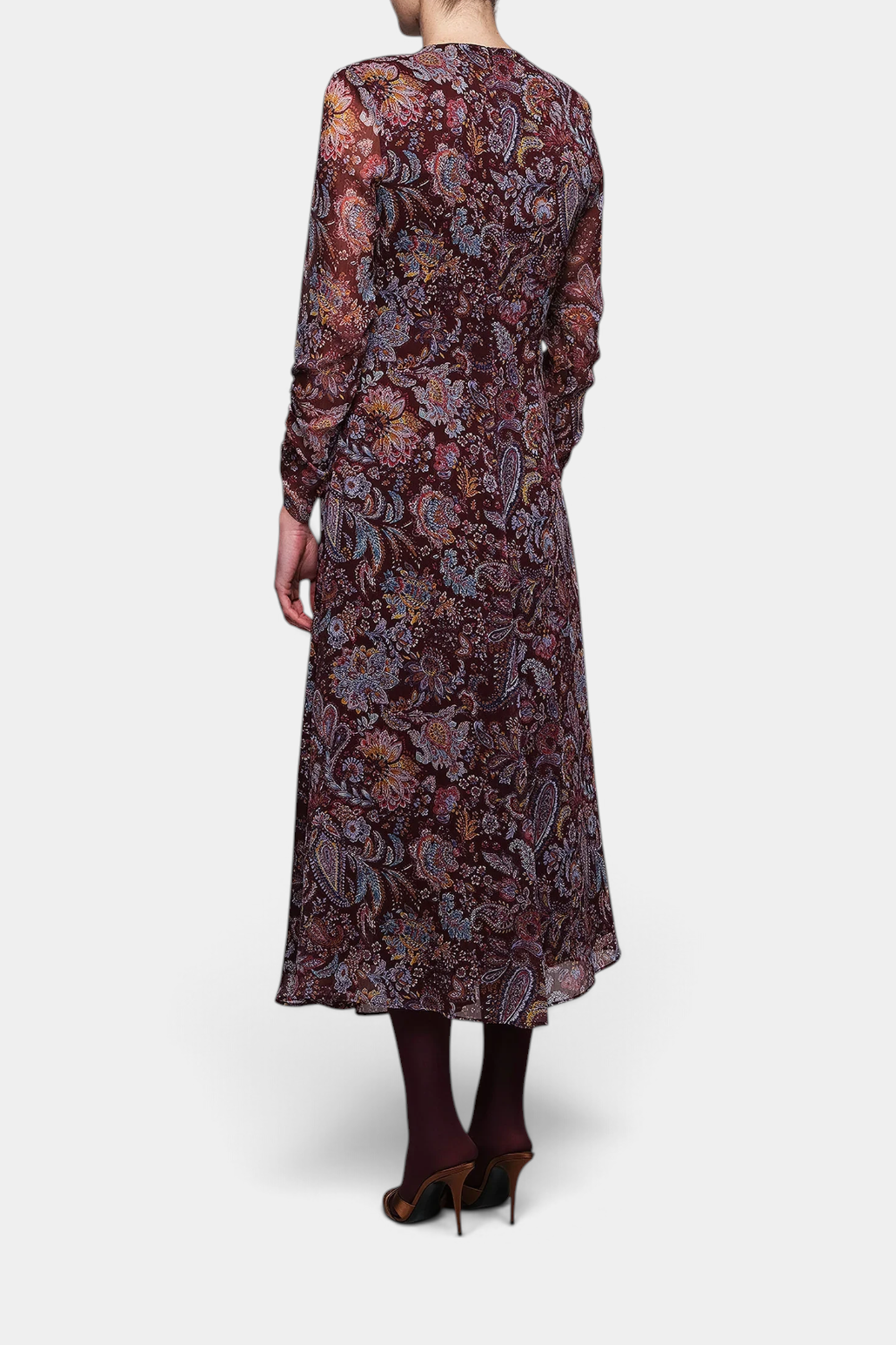 The Copper Shed burgundy crinkle chiffon midi dress with paisley print, long sleeves, and back view on a model.