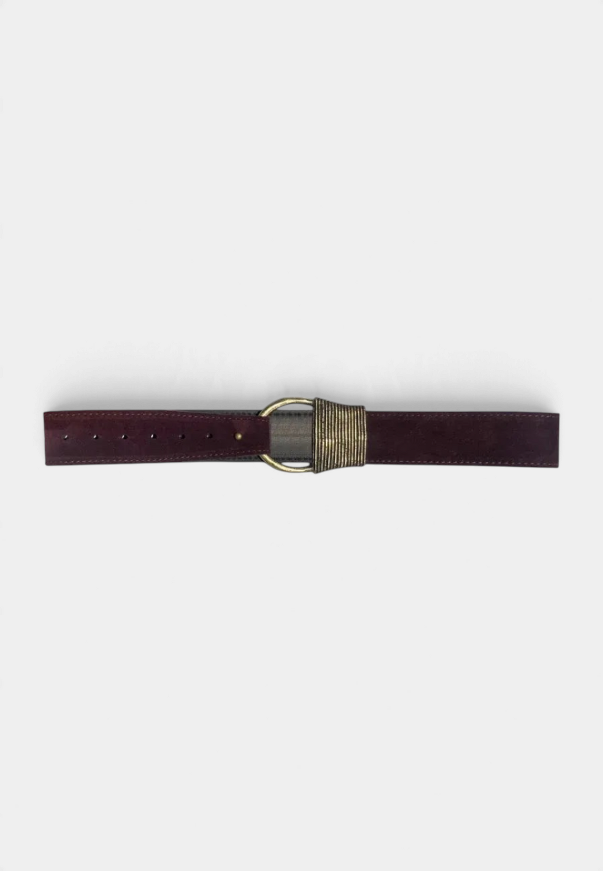 The Copper Shed burgundy suede belt featuring a unique metallic ring buckle and adjustable holes.