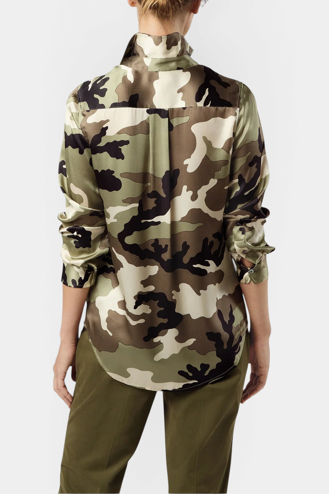 Back view of The Copper Shed classic blouse in camouflage print Italian silk charmeuse with a point collar.