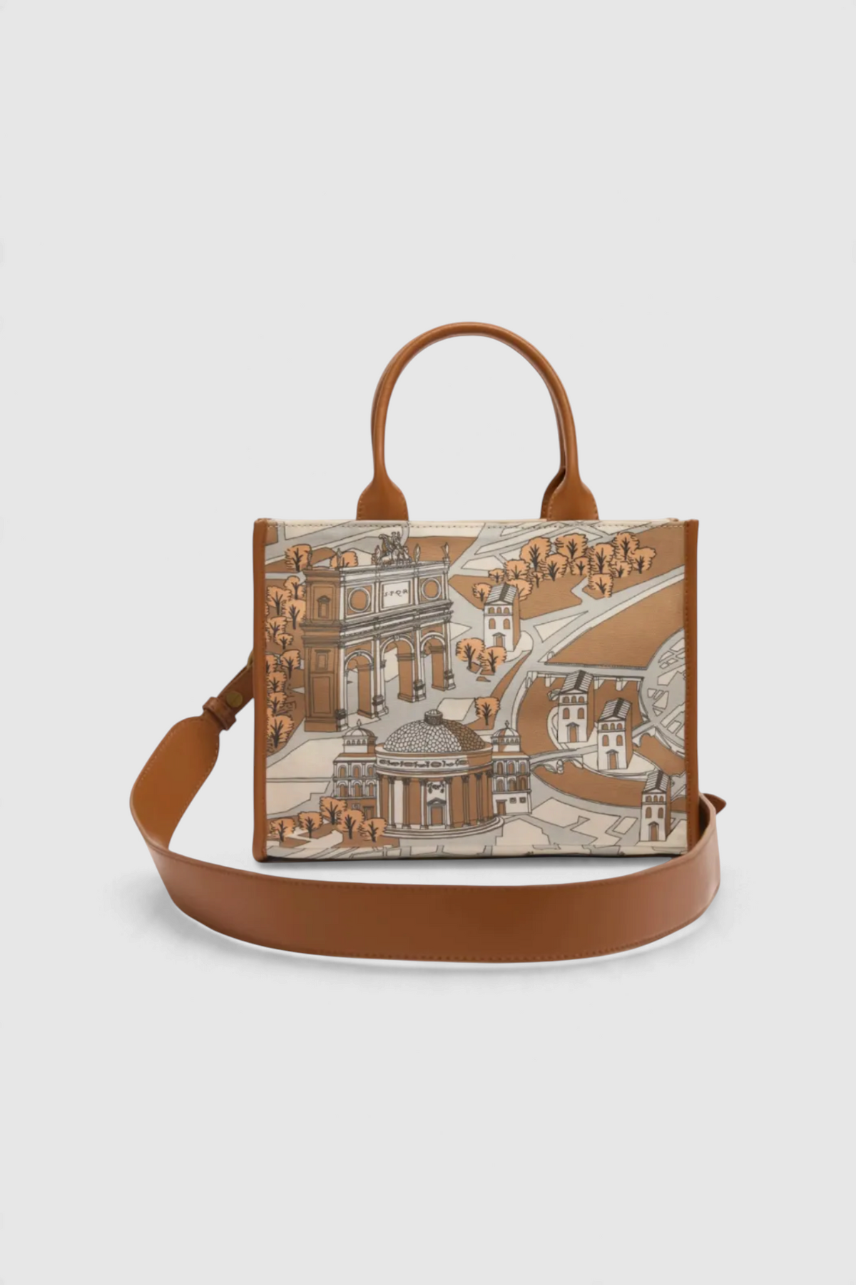The Copper Shed Caprice Bag in Rome print featuring cotton canvas, brown leather handles, and a detachable strap.
