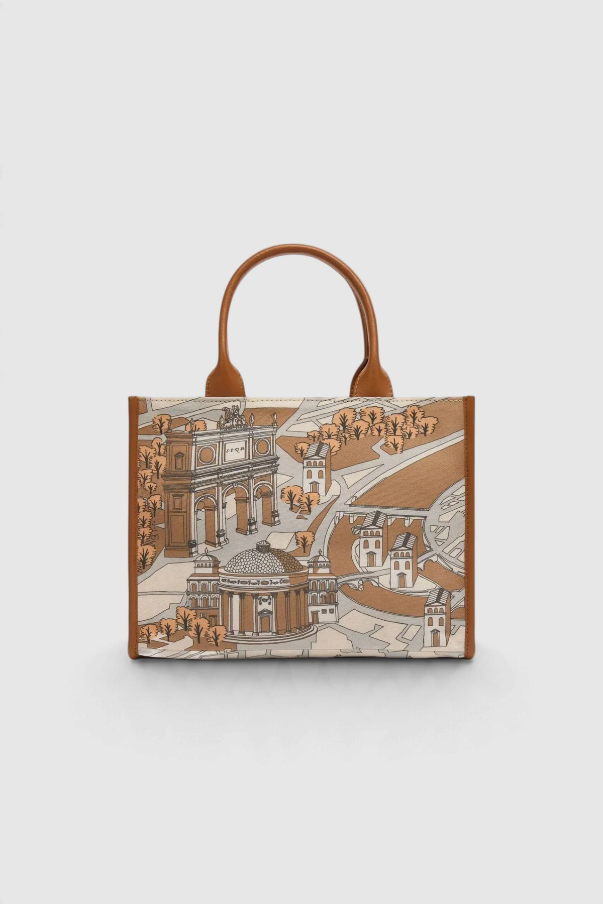 The Copper Shed Caprice Bag in Rome print featuring cotton canvas with brown Italian leather handles and trim.
