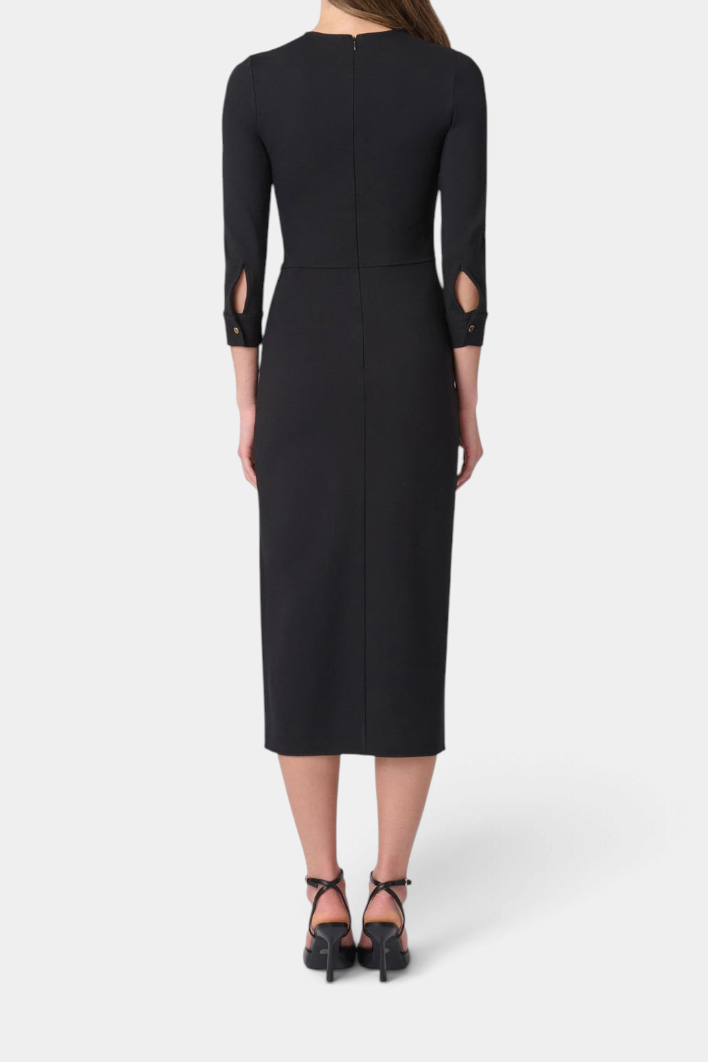 The Copper Shed Cara midi dress in black with three-quarter sleeves and back view showing fitted silhouette