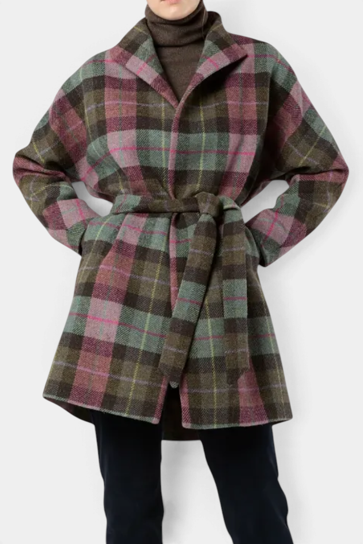 The Copper Shed Carina kimono wrap coat in a green and purple plaid Harris Tweed wool with a self-tie belt.