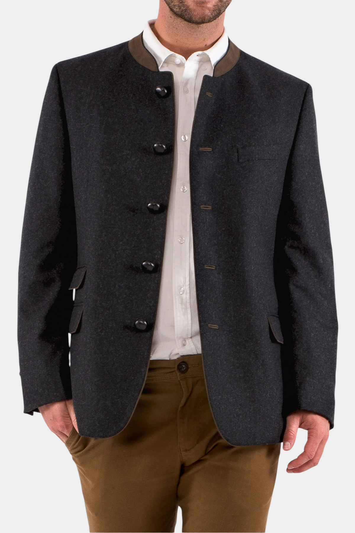 The Copper Shed Edward classic Austrian jacket in charcoal wool with a brown suede mandarin collar and leather buttons.