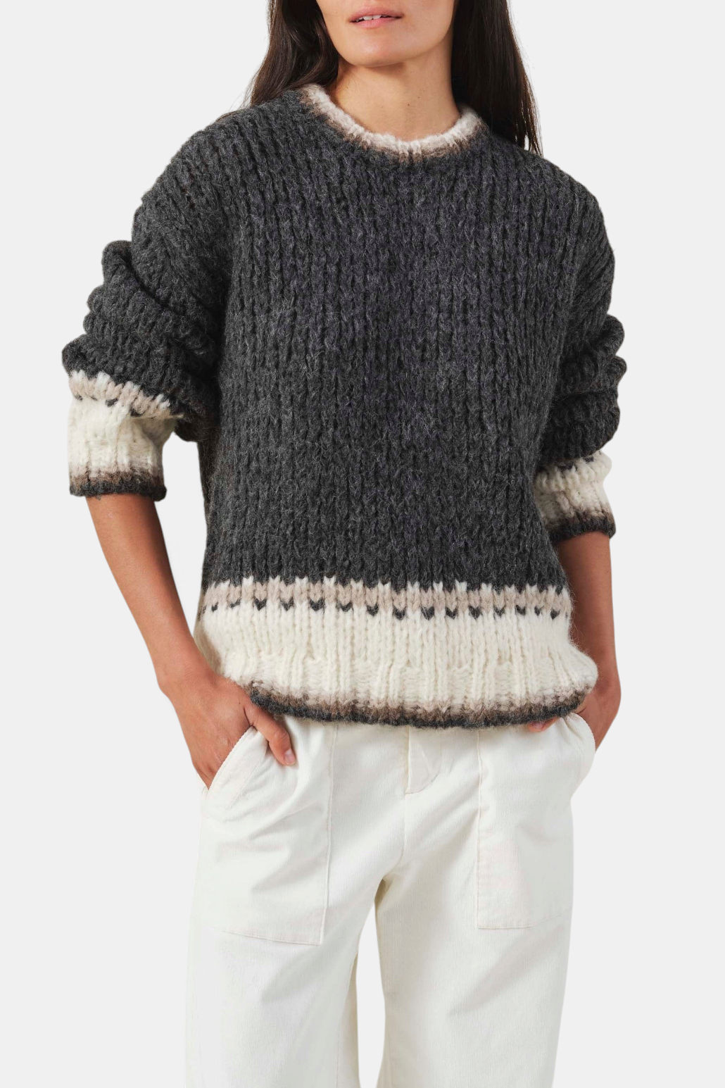 The Copper Shed charcoal and cream alpaca blend Fair Isle sweater with a crew neckline and chunky knit texture.
