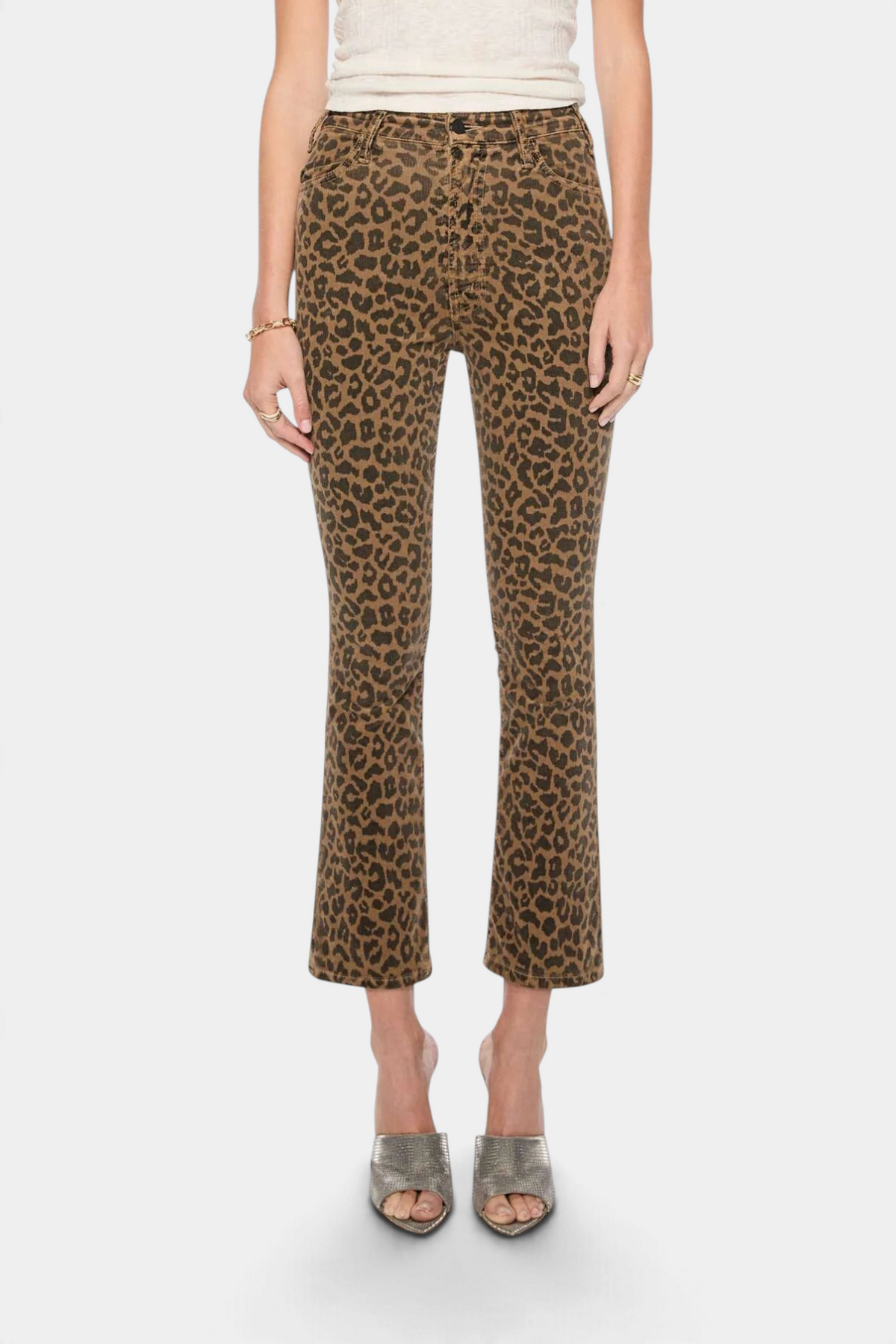 The Copper Shed The Hustler Flood high-rise flare jeans in brown cheetah print stretch corduroy with a clean hem