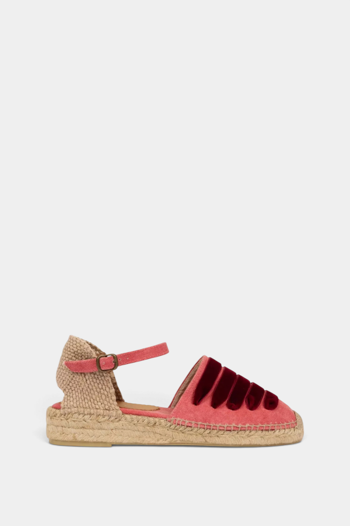 The Copper Shed cherry Low Mary Jane Dali espadrille with jute sole, buckle strap, and velvet-textured detailing.