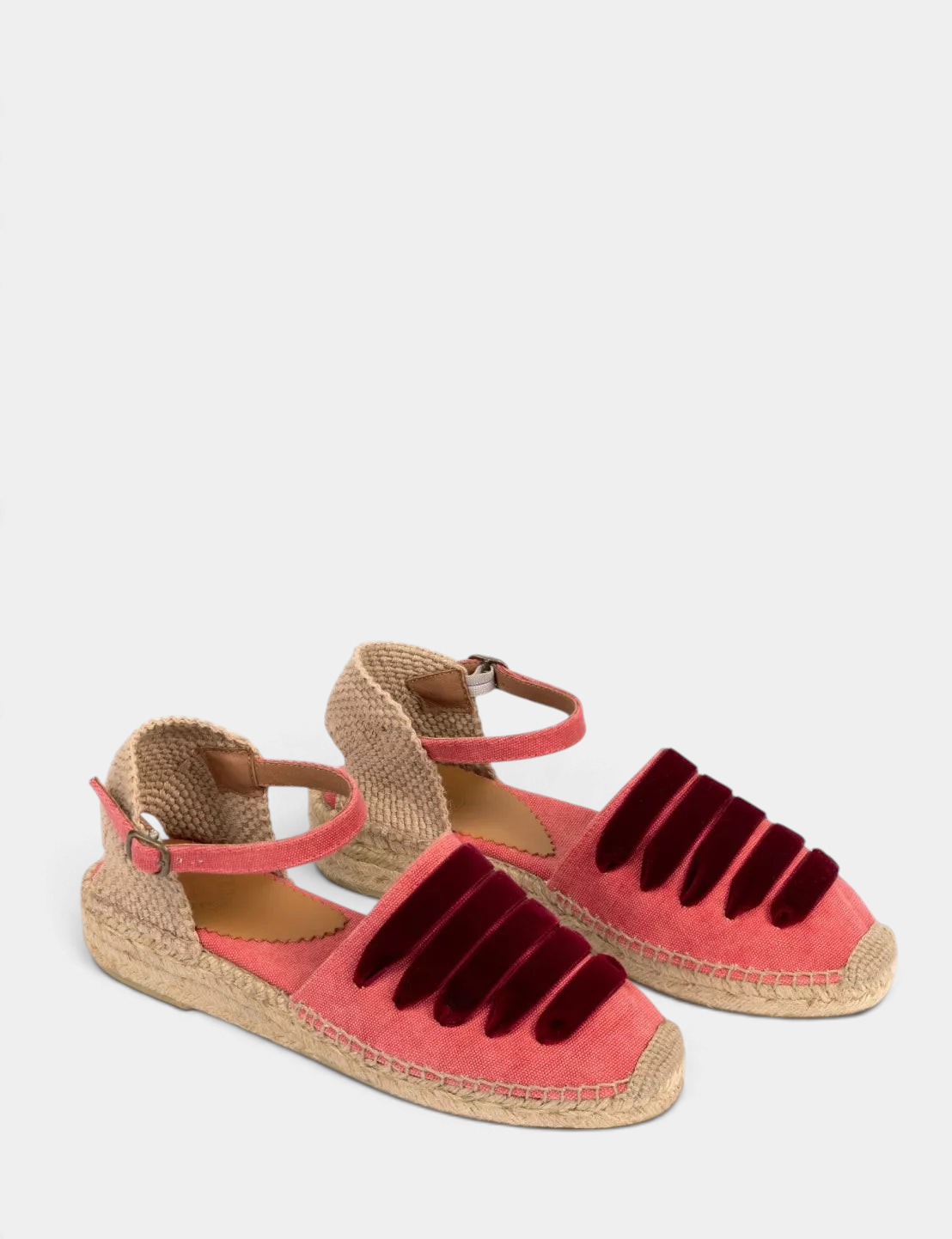 The Copper Shed cherry red Mary Jane espadrilles with artisanal jute soles and velvet strap detailing.