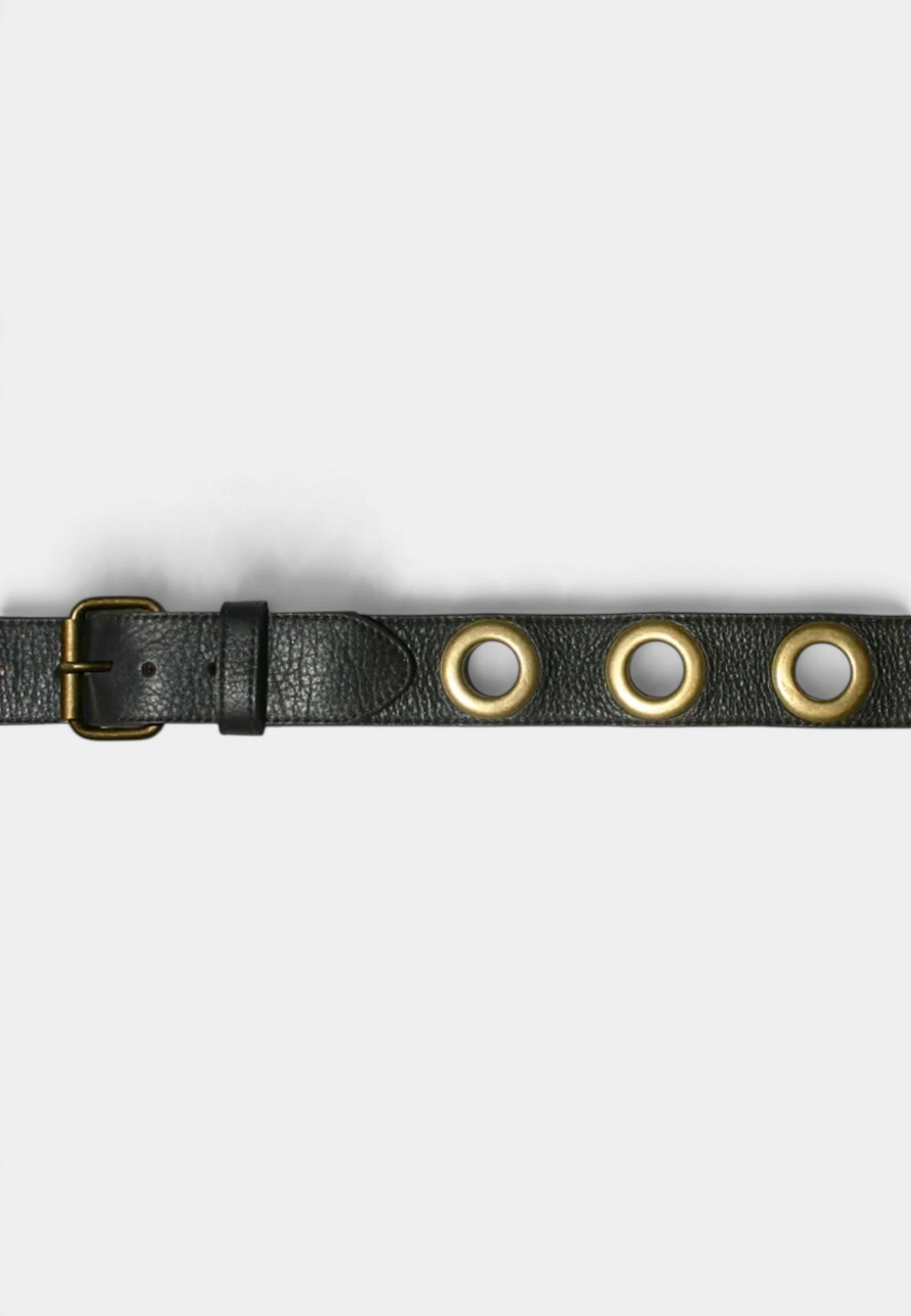 The Copper Shed black leather belt with large gold grommets and a matching gold buckle
