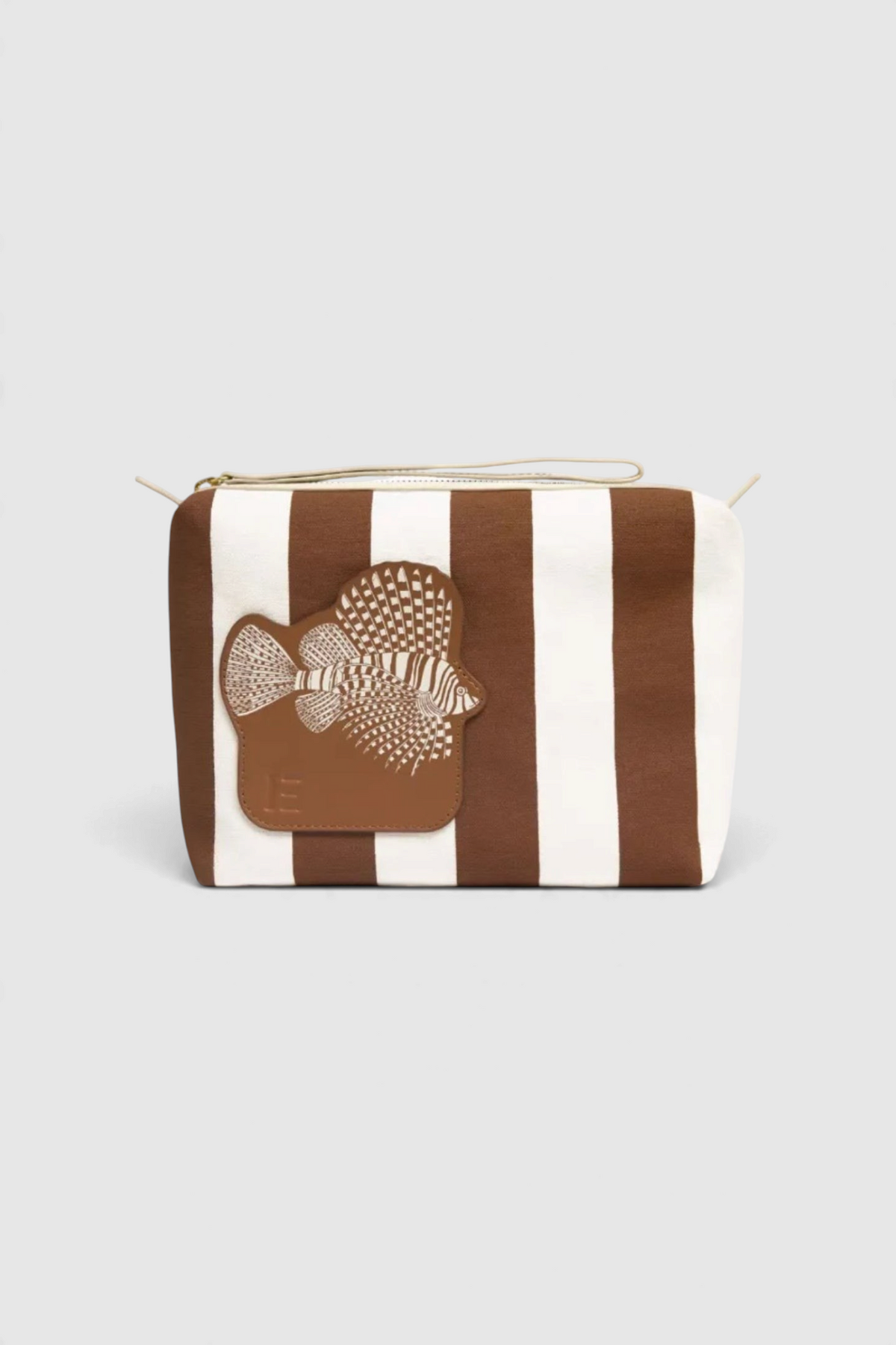 The Copper Shed City Tasca case in brown and white striped cotton with a decorative leather fish patch and zip closure.
