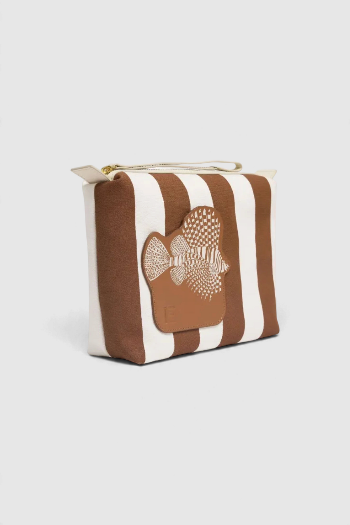 The Copper Shed City Tasca case in Poseidon featuring brown and white stripes, cotton fabric, and leather fish patch.