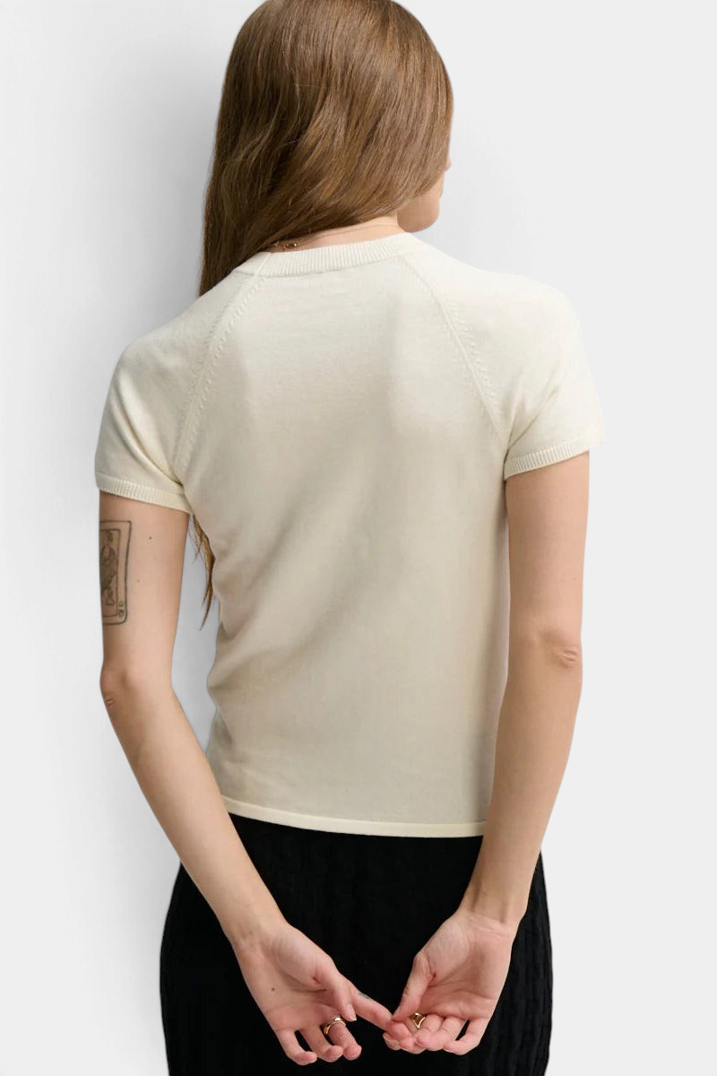 The Copper Shed cream cotton-silk blend baby tee with raglan sleeves and ribbed crew neck, back view