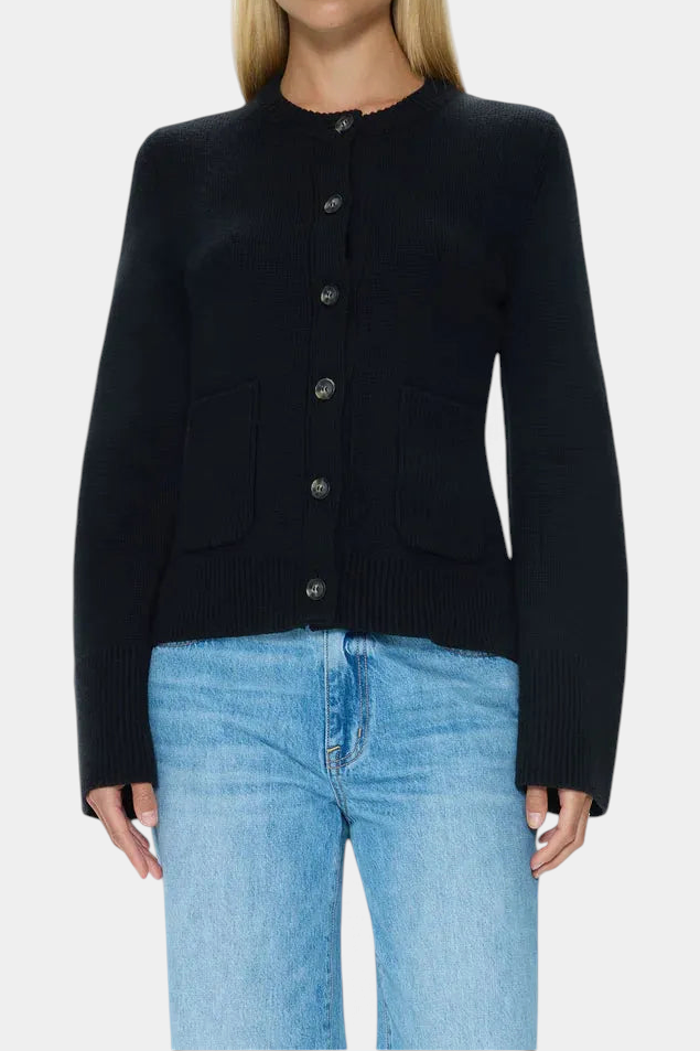 The Copper Shed Dani black button-front cardigan in a soft wool-cashmere blend with a structured cinched waist.