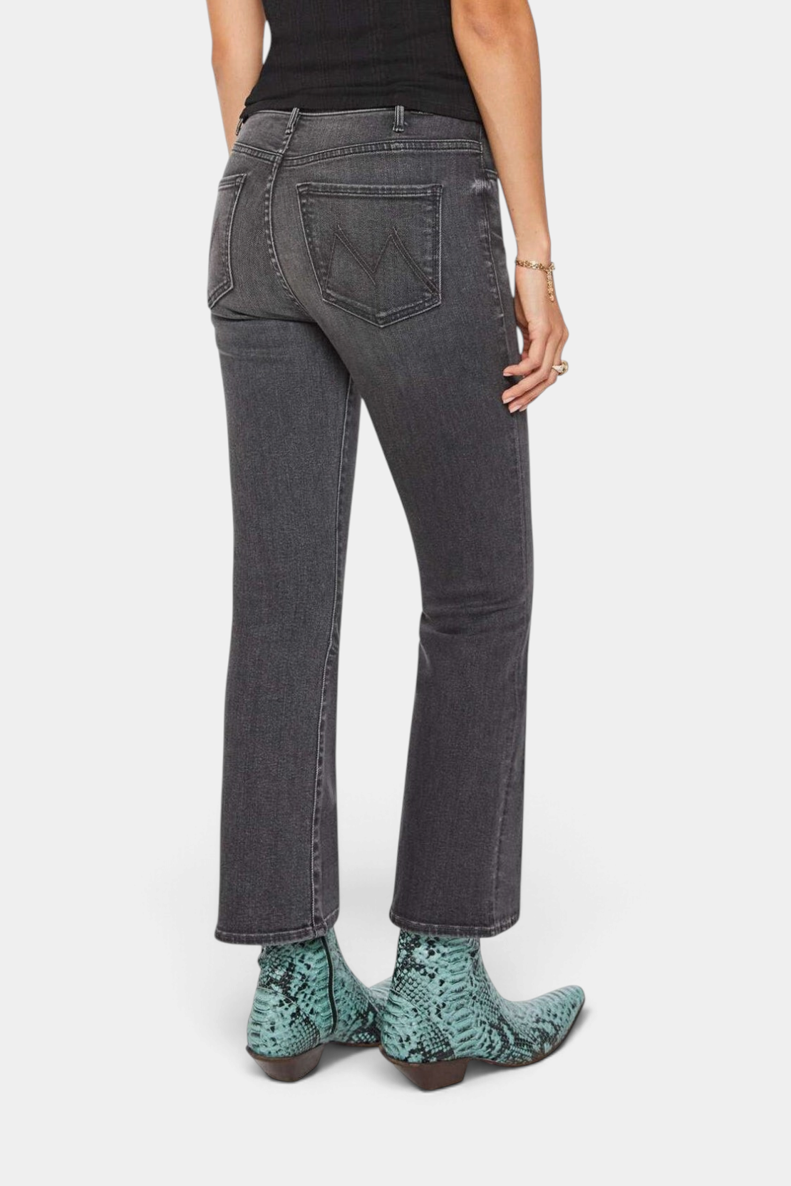 The Copper Shed The Hustler Ankle dark grey stretch denim jeans with a high-rise flare and clean hem, back view.